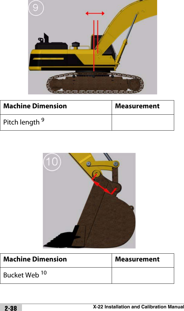 X-22 Installation and Calibration Manual2-38Machine Dimension MeasurementPitch length 9Machine Dimension MeasurementBucket Web 10 