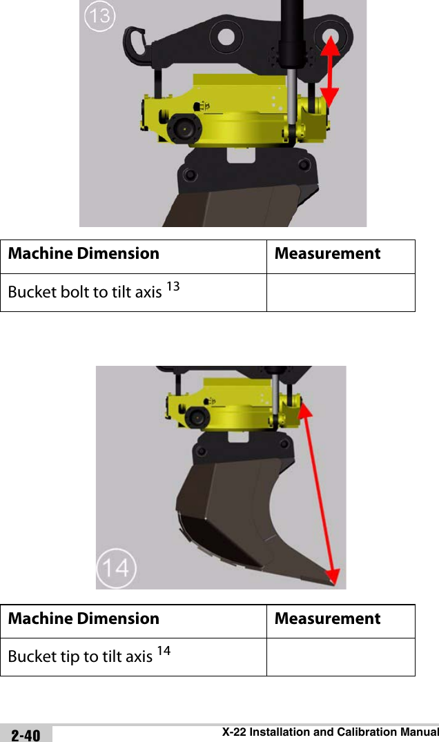 X-22 Installation and Calibration Manual2-40  Machine Dimension MeasurementBucket bolt to tilt axis 13Machine Dimension MeasurementBucket tip to tilt axis 14