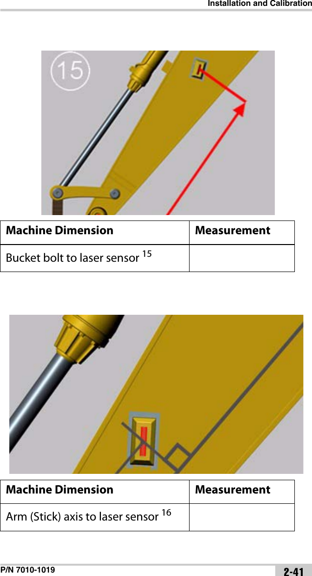 Installation and CalibrationP/N 7010-1019 2-41Machine Dimension MeasurementBucket bolt to laser sensor 15 Machine Dimension MeasurementArm (Stick) axis to laser sensor 16