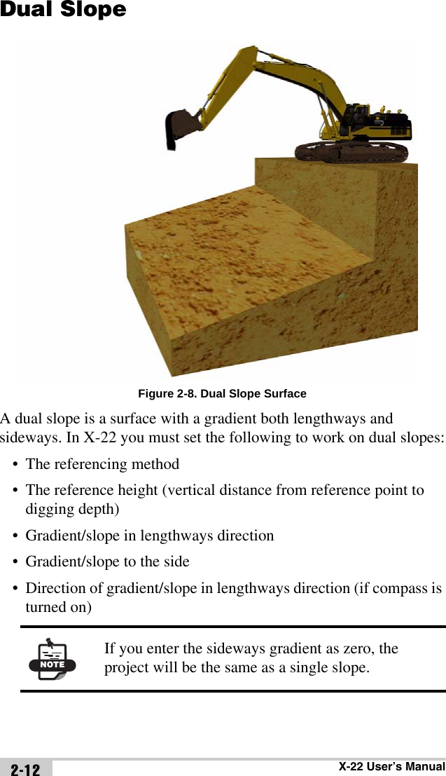 X-22 User’s Manual2-12Dual SlopeFigure 2-8. Dual Slope SurfaceA dual slope is a surface with a gradient both lengthways and sideways. In X-22 you must set the following to work on dual slopes:• The referencing method• The reference height (vertical distance from reference point to digging depth)• Gradient/slope in lengthways direction • Gradient/slope to the side • Direction of gradient/slope in lengthways direction (if compass is turned on)NOTEIf you enter the sideways gradient as zero, the project will be the same as a single slope.