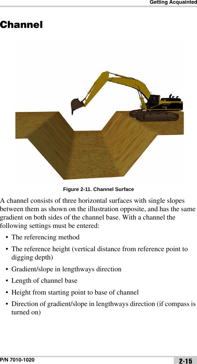 Getting AcquaintedP/N 7010-1020 2-15ChannelFigure 2-11. Channel SurfaceA channel consists of three horizontal surfaces with single slopes between them as shown on the illustration opposite, and has the same gradient on both sides of the channel base. With a channel the following settings must be entered:• The referencing method• The reference height (vertical distance from reference point to digging depth)• Gradient/slope in lengthways direction • Length of channel base• Height from starting point to base of channel• Direction of gradient/slope in lengthways direction (if compass is turned on)