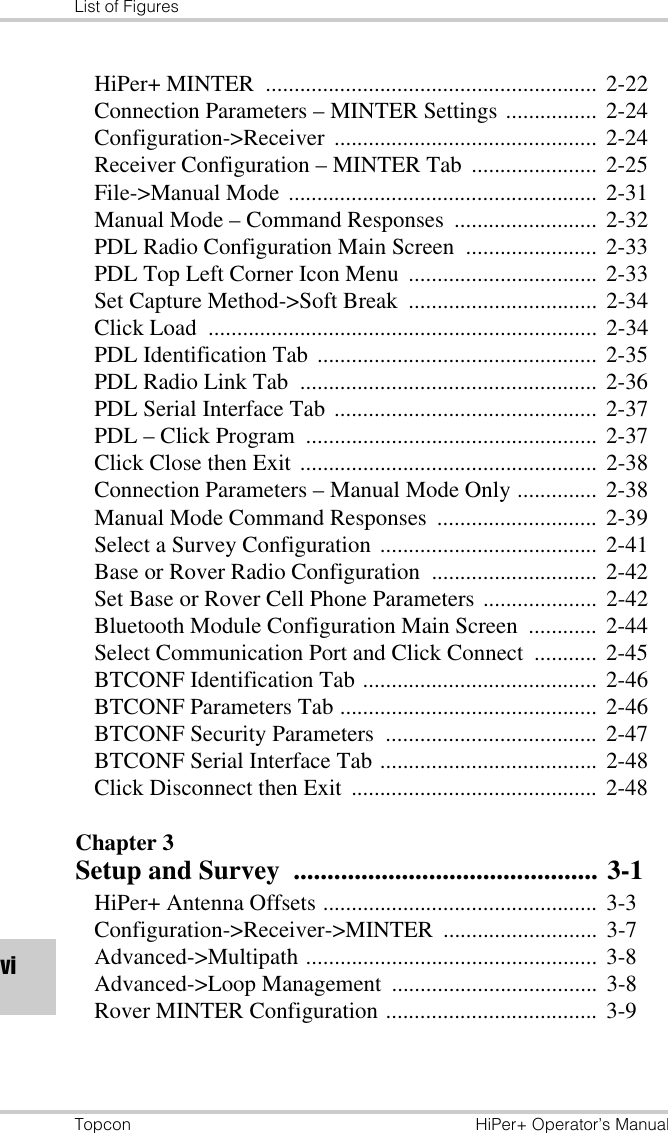 List of FiguresTopcon HiPer+ Operator’s ManualviHiPer+ MINTER  .......................................................... 2-22Connection Parameters – MINTER Settings ................ 2-24Configuration-&gt;Receiver .............................................. 2-24Receiver Configuration – MINTER Tab  ...................... 2-25File-&gt;Manual Mode ...................................................... 2-31Manual Mode – Command Responses ......................... 2-32PDL Radio Configuration Main Screen  ....................... 2-33PDL Top Left Corner Icon Menu ................................. 2-33Set Capture Method-&gt;Soft Break  ................................. 2-34Click Load  ....................................................................  2-34PDL Identification Tab ................................................. 2-35PDL Radio Link Tab  .................................................... 2-36PDL Serial Interface Tab .............................................. 2-37PDL – Click Program  ................................................... 2-37Click Close then Exit .................................................... 2-38Connection Parameters – Manual Mode Only ..............  2-38Manual Mode Command Responses  ............................ 2-39Select a Survey Configuration ...................................... 2-41Base or Rover Radio Configuration  ............................. 2-42Set Base or Rover Cell Phone Parameters .................... 2-42Bluetooth Module Configuration Main Screen  ............ 2-44Select Communication Port and Click Connect  ........... 2-45BTCONF Identification Tab .........................................  2-46BTCONF Parameters Tab ............................................. 2-46BTCONF Security Parameters  ..................................... 2-47BTCONF Serial Interface Tab ......................................  2-48Click Disconnect then Exit  ........................................... 2-48Chapter 3Setup and Survey  ............................................. 3-1HiPer+ Antenna Offsets ................................................ 3-3Configuration-&gt;Receiver-&gt;MINTER ........................... 3-7Advanced-&gt;Multipath ................................................... 3-8Advanced-&gt;Loop Management  ....................................  3-8Rover MINTER Configuration ..................................... 3-9