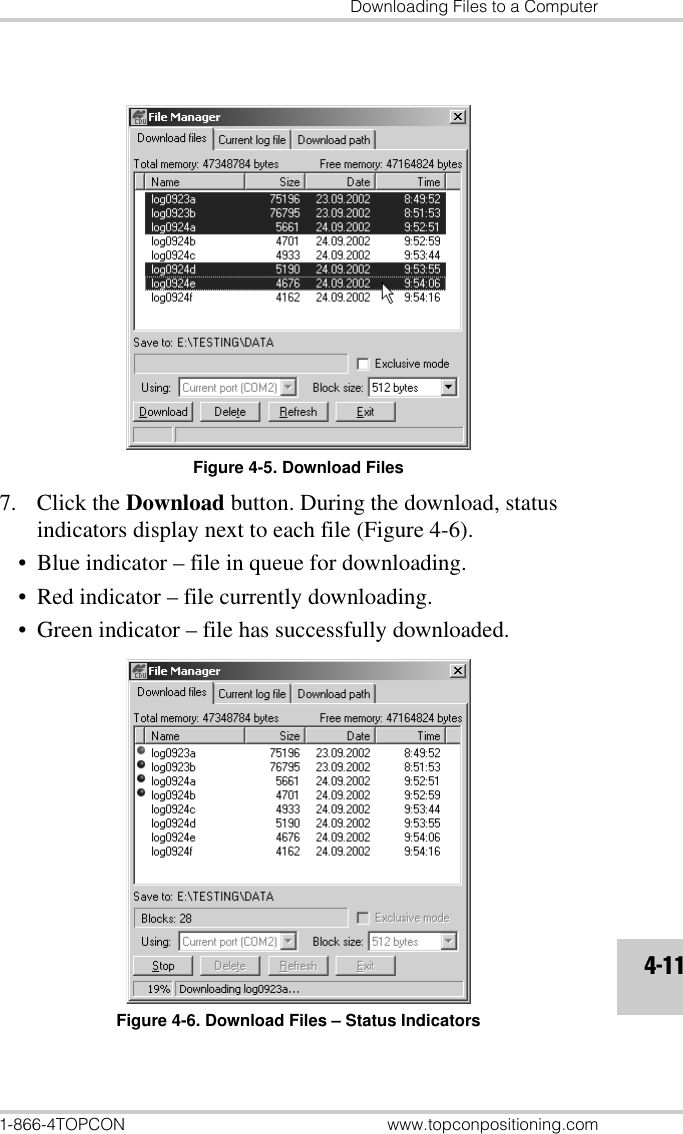 Downloading Files to a Computer1-866-4TOPCON www.topconpositioning.com4-11Figure 4-5. Download Files7. Click the Download button. During the download, status indicators display next to each file (Figure 4-6).• Blue indicator – file in queue for downloading.• Red indicator – file currently downloading.• Green indicator – file has successfully downloaded.Figure 4-6. Download Files – Status Indicators