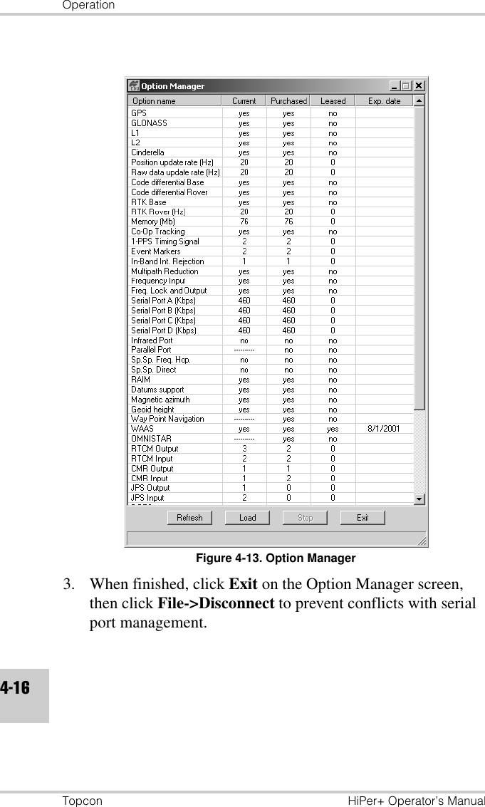 OperationTopcon HiPer+ Operator’s Manual4-16Figure 4-13. Option Manager3. When finished, click Exit on the Option Manager screen, then click File-&gt;Disconnect to prevent conflicts with serial port management.