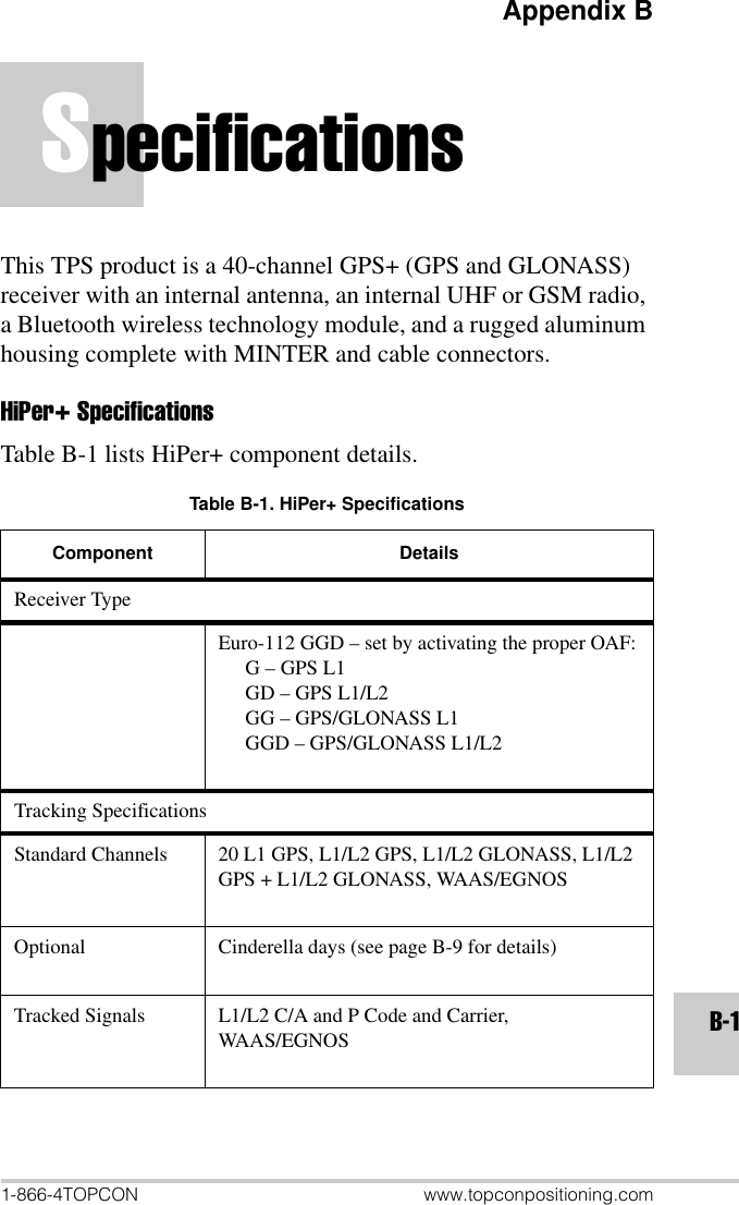 Appendix B1-866-4TOPCON www.topconpositioning.comB-1SpecificationsThis TPS product is a 40-channel GPS+ (GPS and GLONASS) receiver with an internal antenna, an internal UHF or GSM radio, a Bluetooth wireless technology module, and a rugged aluminum housing complete with MINTER and cable connectors.HiPer+ SpecificationsTable B-1 lists HiPer+ component details.Table B-1. HiPer+ SpecificationsComponent DetailsReceiver TypeEuro-112 GGD – set by activating the proper OAF:G – GPS L1GD – GPS L1/L2GG – GPS/GLONASS L1GGD – GPS/GLONASS L1/L2Tracking SpecificationsStandard Channels 20 L1 GPS, L1/L2 GPS, L1/L2 GLONASS, L1/L2 GPS + L1/L2 GLONASS, WAAS/EGNOSOptional  Cinderella days (see page B-9 for details)Tracked Signals L1/L2 C/A and P Code and Carrier, WAAS/EGNOS