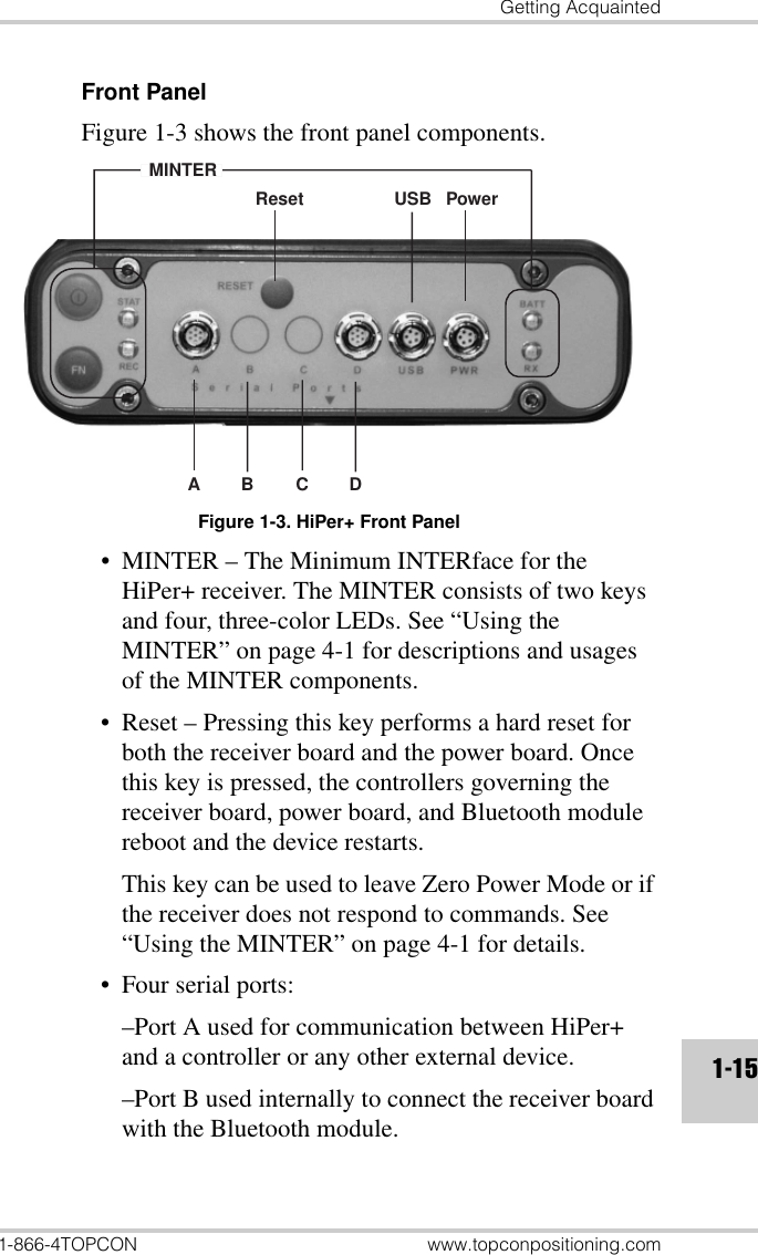 Getting Acquainted1-866-4TOPCON www.topconpositioning.com1-15Front Panel Figure 1-3 shows the front panel components.Figure 1-3. HiPer+ Front Panel• MINTER – The Minimum INTERface for the HiPer+ receiver. The MINTER consists of two keys and four, three-color LEDs. See “Using the MINTER” on page 4-1 for descriptions and usages of the MINTER components.• Reset – Pressing this key performs a hard reset for both the receiver board and the power board. Once this key is pressed, the controllers governing the receiver board, power board, and Bluetooth module reboot and the device restarts.This key can be used to leave Zero Power Mode or if the receiver does not respond to commands. See “Using the MINTER” on page 4-1 for details.• Four serial ports:–Port A used for communication between HiPer+ and a controller or any other external device.–Port B used internally to connect the receiver board with the Bluetooth module.ABCDUSB PowerResetMINTER