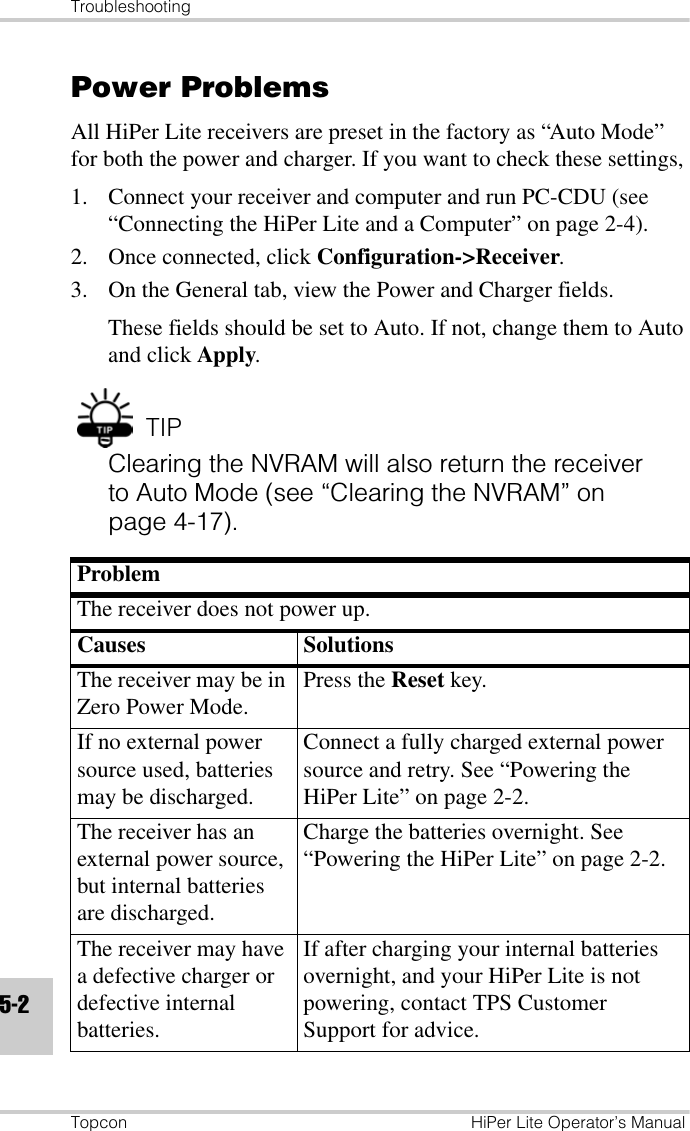 TroubleshootingTopcon HiPer Lite Operator’s Manual5-2Power ProblemsAll HiPer Lite receivers are preset in the factory as “Auto Mode” for both the power and charger. If you want to check these settings, 1. Connect your receiver and computer and run PC-CDU (see “Connecting the HiPer Lite and a Computer” on page 2-4).2. Once connected, click Configuration-&gt;Receiver. 3. On the General tab, view the Power and Charger fields. These fields should be set to Auto. If not, change them to Auto and click Apply.TIPClearing the NVRAM will also return the receiver to Auto Mode (see “Clearing the NVRAM” on page 4-17).ProblemThe receiver does not power up.Causes SolutionsThe receiver may be in Zero Power Mode. Press the Reset key.If no external power source used, batteries may be discharged.Connect a fully charged external power source and retry. See “Powering the HiPer Lite” on page 2-2.The receiver has an external power source, but internal batteries are discharged.Charge the batteries overnight. See “Powering the HiPer Lite” on page 2-2.The receiver may have a defective charger or defective internal batteries.If after charging your internal batteries overnight, and your HiPer Lite is not powering, contact TPS Customer Support for advice.