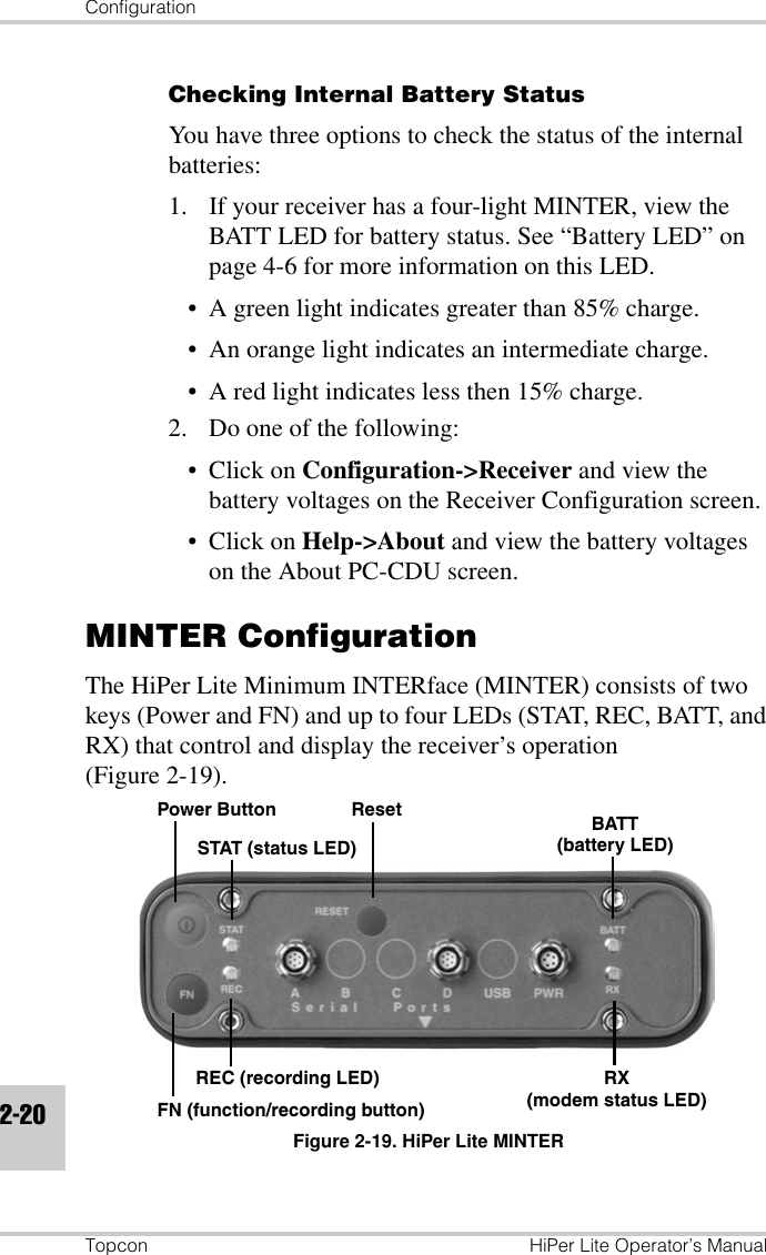 ConfigurationTopcon HiPer Lite Operator’s Manual2-20Checking Internal Battery StatusYou have three options to check the status of the internal batteries:1. If your receiver has a four-light MINTER, view the BATT LED for battery status. See “Battery LED” on page 4-6 for more information on this LED.• A green light indicates greater than 85% charge.• An orange light indicates an intermediate charge.• A red light indicates less then 15% charge.2. Do one of the following:•Click on Configuration-&gt;Receiver and view the battery voltages on the Receiver Configuration screen.•Click on Help-&gt;About and view the battery voltages on the About PC-CDU screen.MINTER ConfigurationThe HiPer Lite Minimum INTERface (MINTER) consists of two keys (Power and FN) and up to four LEDs (STAT, REC, BATT, and RX) that control and display the receiver’s operation (Figure 2-19).Figure 2-19. HiPer Lite MINTERPower ButtonSTAT (status LED)REC (recording LED)FN (function/recording button)Reset BATT(battery LED)RX(modem status LED)