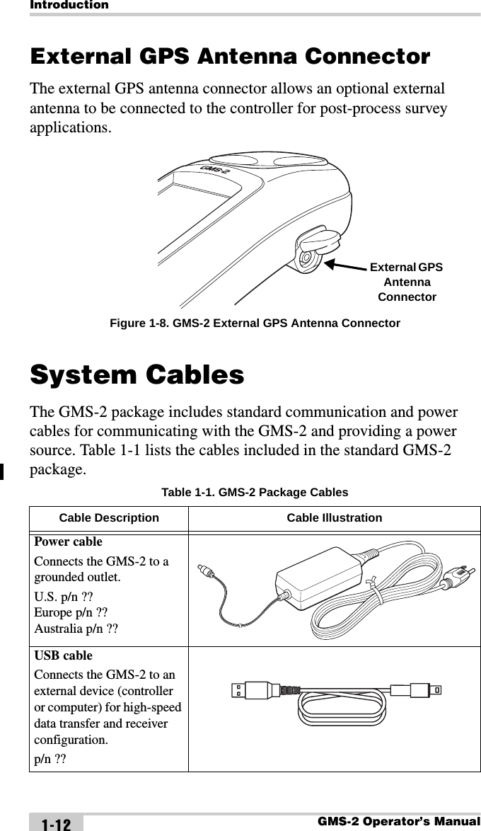 IntroductionGMS-2 Operator’s Manual1-12External GPS Antenna ConnectorThe external GPS antenna connector allows an optional external antenna to be connected to the controller for post-process survey applications. Figure 1-8. GMS-2 External GPS Antenna ConnectorSystem CablesThe GMS-2 package includes standard communication and power cables for communicating with the GMS-2 and providing a power source. Table 1-1 lists the cables included in the standard GMS-2 package. Table 1-1. GMS-2 Package CablesCable Description Cable IllustrationPower cableConnects the GMS-2 to a grounded outlet. U.S. p/n ??Europe p/n ??Australia p/n ??USB cableConnects the GMS-2 to an external device (controller or computer) for high-speed data transfer and receiver configuration.p/n ??External GPS Antenna Connector