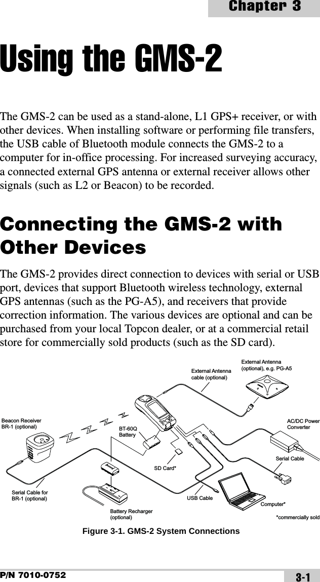 P/N 7010-0752Chapter 33-1Using the GMS-2The GMS-2 can be used as a stand-alone, L1 GPS+ receiver, or with other devices. When installing software or performing file transfers, the USB cable of Bluetooth module connects the GMS-2 to a computer for in-office processing. For increased surveying accuracy, a connected external GPS antenna or external receiver allows other signals (such as L2 or Beacon) to be recorded.Connecting the GMS-2 with Other DevicesThe GMS-2 provides direct connection to devices with serial or USB port, devices that support Bluetooth wireless technology, external GPS antennas (such as the PG-A5), and receivers that provide correction information. The various devices are optional and can be purchased from your local Topcon dealer, or at a commercial retail store for commercially sold products (such as the SD card). Figure 3-1. GMS-2 System ConnectionsBeacon ReceiverBR-1 (optional)Battery Recharger(optional)Serial Cable forBR-1 (optional)External Antenna(optional), e.g. PG-A5External Antennacable (optional)AC/DC PowerConverterSD Card*Computer*USB CableSerial CableBT-60QBattery*commercially sold