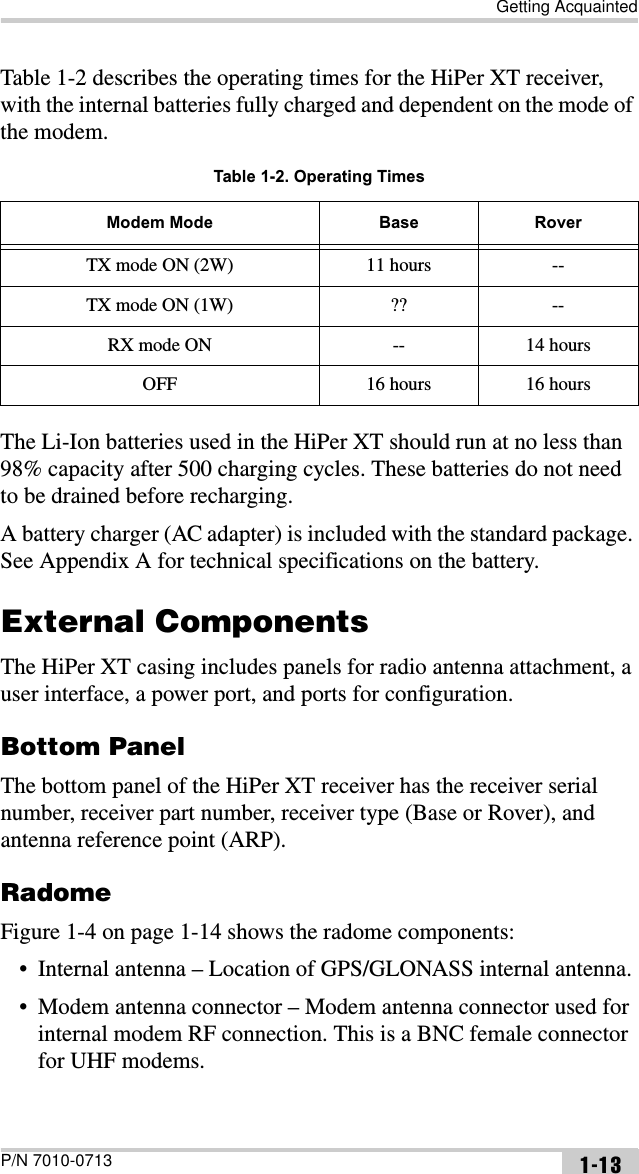 Getting AcquaintedP/N 7010-0713 1-13Table 1-2 describes the operating times for the HiPer XT receiver, with the internal batteries fully charged and dependent on the mode of the modem. The Li-Ion batteries used in the HiPer XT should run at no less than 98% capacity after 500 charging cycles. These batteries do not need to be drained before recharging.A battery charger (AC adapter) is included with the standard package. See Appendix A for technical specifications on the battery.External ComponentsThe HiPer XT casing includes panels for radio antenna attachment, a user interface, a power port, and ports for configuration.Bottom PanelThe bottom panel of the HiPer XT receiver has the receiver serial number, receiver part number, receiver type (Base or Rover), and antenna reference point (ARP).RadomeFigure 1-4 on page 1-14 shows the radome components:• Internal antenna – Location of GPS/GLONASS internal antenna.• Modem antenna connector – Modem antenna connector used for internal modem RF connection. This is a BNC female connector for UHF modems.Table 1-2. Operating TimesModem Mode Base RoverTX mode ON (2W) 11 hours --TX mode ON (1W) ?? --RX mode ON -- 14 hoursOFF 16 hours 16 hours