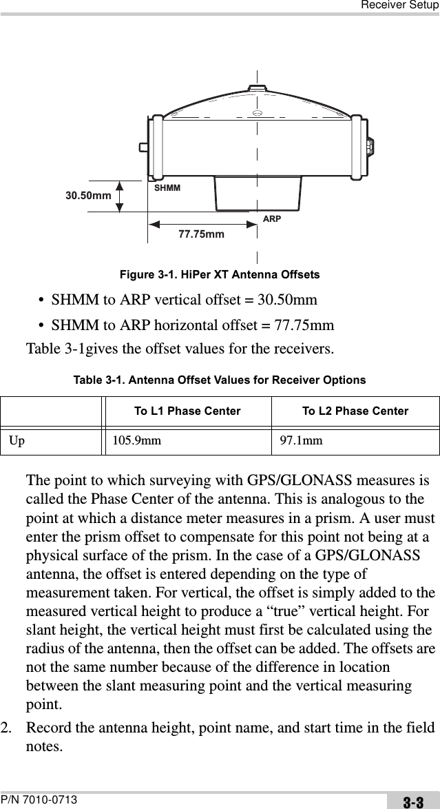 Receiver SetupP/N 7010-0713 3-3Figure 3-1. HiPer XT Antenna Offsets• SHMM to ARP vertical offset = 30.50mm• SHMM to ARP horizontal offset = 77.75mmTable 3-1gives the offset values for the receivers.The point to which surveying with GPS/GLONASS measures is called the Phase Center of the antenna. This is analogous to the point at which a distance meter measures in a prism. A user must enter the prism offset to compensate for this point not being at a physical surface of the prism. In the case of a GPS/GLONASS antenna, the offset is entered depending on the type of measurement taken. For vertical, the offset is simply added to the measured vertical height to produce a “true” vertical height. For slant height, the vertical height must first be calculated using the radius of the antenna, then the offset can be added. The offsets are not the same number because of the difference in location between the slant measuring point and the vertical measuring point.2. Record the antenna height, point name, and start time in the field notes. Table 3-1. Antenna Offset Values for Receiver OptionsTo L1 Phase Center To L2 Phase CenterUp 105.9mm 97.1mmSHMMARP30.50mm77.75mm
