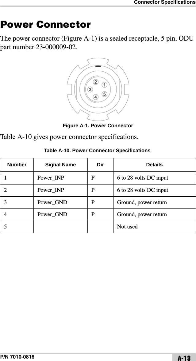 Connector SpecificationsP/N 7010-0816 A-13Power ConnectorThe power connector (Figure A-1) is a sealed receptacle, 5 pin, ODU part number 23-000009-02.Figure A-1. Power ConnectorTable A-10 gives power connector specifications.Table A-10. Power Connector SpecificationsNumber Signal Name Dir Details1 Power_INP P 6 to 28 volts DC input2 Power_INP P 6 to 28 volts DC input3 Power_GND P Ground, power return4 Power_GND P Ground, power return5 Not used