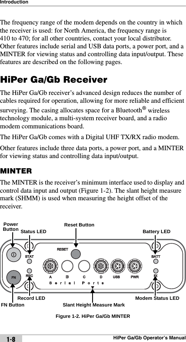 IntroductionHiPer Ga/Gb Operator’s Manual1-8The frequency range of the modem depends on the country in which the receiver is used: for North America, the frequency range is 410 to 470; for all other countries, contact your local distributor. Other features include serial and USB data ports, a power port, and a MINTER for viewing status and controlling data input/output. These features are described on the following pages.HiPer Ga/Gb ReceiverThe HiPer Ga/Gb receiver’s advanced design reduces the number of cables required for operation, allowing for more reliable and efficient surveying. The casing allocates space for a Bluetooth® wireless technology module, a multi-system receiver board, and a radio modem communications board. The HiPer Ga/Gb comes with a Digital UHF TX/RX radio modem.Other features include three data ports, a power port, and a MINTER for viewing status and controlling data input/output.MINTERThe MINTER is the receiver’s minimum interface used to display and control data input and output (Figure 1-2). The slant height measure mark (SHMM) is used when measuring the height offset of the receiver.  Figure 1-2. HiPer Ga/Gb MINTERRecord LEDSlant Height Measure MarkModem Status LEDFN ButtonPower Button Status LEDReset ButtonBattery LED