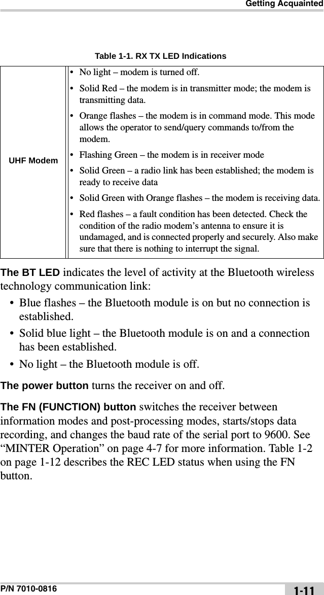 Getting AcquaintedP/N 7010-0816 1-11 The BT LED indicates the level of activity at the Bluetooth wireless technology communication link:• Blue flashes – the Bluetooth module is on but no connection is established.• Solid blue light – the Bluetooth module is on and a connection has been established.• No light – the Bluetooth module is off.The power button turns the receiver on and off.The FN (FUNCTION) button switches the receiver between information modes and post-processing modes, starts/stops data recording, and changes the baud rate of the serial port to 9600. See “MINTER Operation” on page 4-7 for more information. Table 1-2 on page 1-12 describes the REC LED status when using the FN button. Table 1-1. RX TX LED IndicationsUHF Modem• No light – modem is turned off.• Solid Red – the modem is in transmitter mode; the modem is transmitting data.• Orange flashes – the modem is in command mode. This mode allows the operator to send/query commands to/from the modem.• Flashing Green – the modem is in receiver mode• Solid Green – a radio link has been established; the modem is ready to receive data• Solid Green with Orange flashes – the modem is receiving data.• Red flashes – a fault condition has been detected. Check the condition of the radio modem’s antenna to ensure it is undamaged, and is connected properly and securely. Also make sure that there is nothing to interrupt the signal.