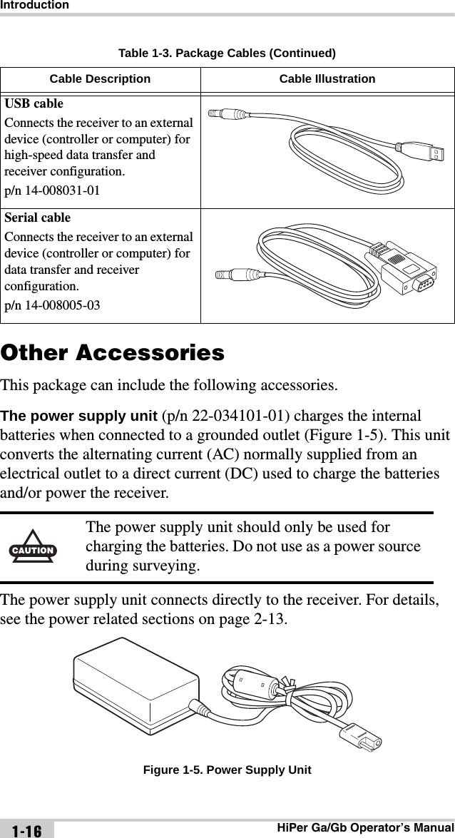 IntroductionHiPer Ga/Gb Operator’s Manual1-16Other AccessoriesThis package can include the following accessories.The power supply unit (p/n 22-034101-01) charges the internal batteries when connected to a grounded outlet (Figure 1-5). This unit converts the alternating current (AC) normally supplied from an electrical outlet to a direct current (DC) used to charge the batteries and/or power the receiver. The power supply unit connects directly to the receiver. For details, see the power related sections on page 2-13. Figure 1-5. Power Supply UnitUSB cableConnects the receiver to an external device (controller or computer) for high-speed data transfer and receiver configuration.p/n 14-008031-01Serial cableConnects the receiver to an external device (controller or computer) for data transfer and receiver configuration.p/n 14-008005-03CAUTIONThe power supply unit should only be used for charging the batteries. Do not use as a power source during surveying.Table 1-3. Package Cables (Continued)Cable Description Cable Illustration