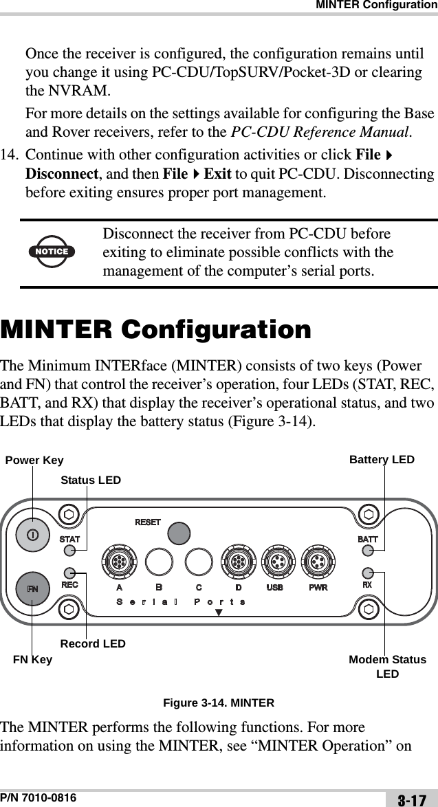 MINTER ConfigurationP/N 7010-0816 3-17Once the receiver is configured, the configuration remains until you change it using PC-CDU/TopSURV/Pocket-3D or clearing the NVRAM.For more details on the settings available for configuring the Base and Rover receivers, refer to the PC-CDU Reference Manual.14. Continue with other configuration activities or click FileDisconnect, and then FileExit to quit PC-CDU. Disconnecting before exiting ensures proper port management. MINTER ConfigurationThe Minimum INTERface (MINTER) consists of two keys (Power and FN) that control the receiver’s operation, four LEDs (STAT, REC, BATT, and RX) that display the receiver’s operational status, and two LEDs that display the battery status (Figure 3-14). Figure 3-14. MINTERThe MINTER performs the following functions. For more information on using the MINTER, see “MINTER Operation” on NOTICEDisconnect the receiver from PC-CDU before exiting to eliminate possible conflicts with the management of the computer’s serial ports.Power KeyFN KeyBattery LEDModem StatusLEDStatus LEDRecord LED