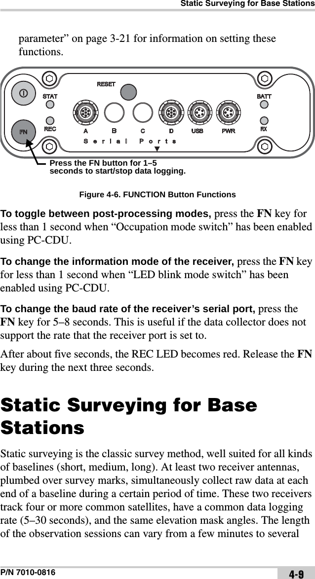 Static Surveying for Base StationsP/N 7010-0816 4-9parameter” on page 3-21 for information on setting these functions. Figure 4-6. FUNCTION Button FunctionsTo toggle between post-processing modes, press the FN key for less than 1 second when “Occupation mode switch” has been enabled using PC-CDU.To change the information mode of the receiver, press the FN key for less than 1 second when “LED blink mode switch” has been enabled using PC-CDU.To change the baud rate of the receiver’s serial port, press the FN key for 5–8 seconds. This is useful if the data collector does not support the rate that the receiver port is set to.After about five seconds, the REC LED becomes red. Release the FN key during the next three seconds.Static Surveying for Base StationsStatic surveying is the classic survey method, well suited for all kinds of baselines (short, medium, long). At least two receiver antennas, plumbed over survey marks, simultaneously collect raw data at each end of a baseline during a certain period of time. These two receivers track four or more common satellites, have a common data logging rate (5–30 seconds), and the same elevation mask angles. The length of the observation sessions can vary from a few minutes to several Press the FN button for 1–5 seconds to start/stop data logging.