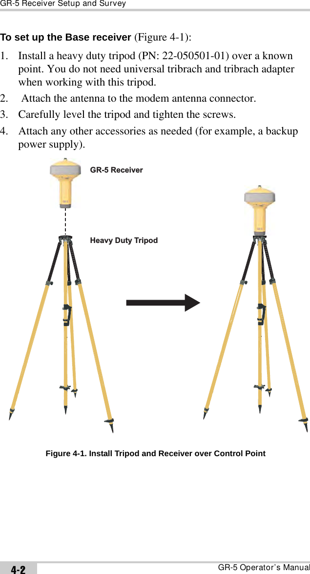 GR-5 Receiver Setup and SurveyGR-5 Operator’s Manual4-2To set up the Base receiver (Figure 4-1):1. Install a heavy duty tripod (PN: 22-050501-01) over a known point. You do not need universal tribrach and tribrach adapter when working with this tripod.2.  Attach the antenna to the modem antenna connector.3. Carefully level the tripod and tighten the screws. 4. Attach any other accessories as needed (for example, a backup power supply). Figure 4-1. Install Tripod and Receiver over Control PointGR-5 ReceiverHeavy Duty Tripod