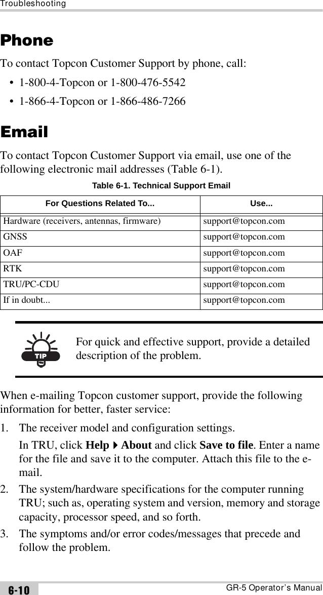 TroubleshootingGR-5 Operator’s Manual6-10PhoneTo contact Topcon Customer Support by phone, call:• 1-800-4-Topcon or 1-800-476-5542• 1-866-4-Topcon or 1-866-486-7266EmailTo contact Topcon Customer Support via email, use one of the following electronic mail addresses (Table 6-1).  When e-mailing Topcon customer support, provide the following information for better, faster service:1. The receiver model and configuration settings.In TRU, click HelpAbout and click Save to file. Enter a name for the file and save it to the computer. Attach this file to the e-mail.2. The system/hardware specifications for the computer running TRU; such as, operating system and version, memory and storage capacity, processor speed, and so forth.3. The symptoms and/or error codes/messages that precede and follow the problem.Table 6-1. Technical Support EmailFor Questions Related To... Use...Hardware (receivers, antennas, firmware) support@topcon.comGNSS support@topcon.comOAF support@topcon.comRTK support@topcon.comTRU/PC-CDU support@topcon.comIf in doubt... support@topcon.comTIPFor quick and effective support, provide a detailed description of the problem.