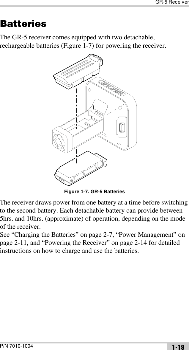 GR-5 ReceiverP/N 7010-1004 1-19BatteriesThe GR-5 receiver comes equipped with two detachable, rechargeable batteries (Figure 1-7) for powering the receiver. Figure 1-7. GR-5 BatteriesThe receiver draws power from one battery at a time before switching to the second battery. Each detachable battery can provide between 5hrs. and 10hrs. (approximate) of operation, depending on the mode of the receiver. See “Charging the Batteries” on page 2-7, “Power Management” on page 2-11, and “Powering the Receiver” on page 2-14 for detailed instructions on how to charge and use the batteries.