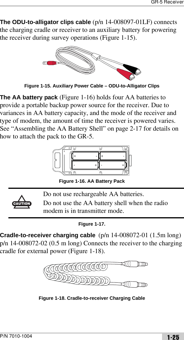 GR-5 ReceiverP/N 7010-1004 1-25The ODU-to-alligator clips cable (p/n 14-008097-01LF) connects the charging cradle or receiver to an auxiliary battery for powering the receiver during survey operations (Figure 1-15). Figure 1-15. Auxiliary Power Cable – ODU-to-Alligator ClipsThe AA battery pack (Figure 1-16) holds four AA batteries to provide a portable backup power source for the receiver. Due to variances in AA battery capacity, and the mode of the receiver and type of modem, the amount of time the receiver is powered varies. See “Assembling the AA Battery Shell” on page 2-17 for details on how to attach the pack to the GR-5. Figure 1-16. AA Battery PackFigure 1-17. Cradle-to-receiver charging cable  (p/n 14-008072-01 (1.5m long) p/n 14-008072-02 (0.5 m long) Connects the receiver to the charging cradle for external power (Figure 1-18).Figure 1-18. Cradle-to-receiver Charging CableCAUTIONCDo not use rechargeable AA batteries.Do not use the AA battery shell when the radio modem is in transmitter mode.