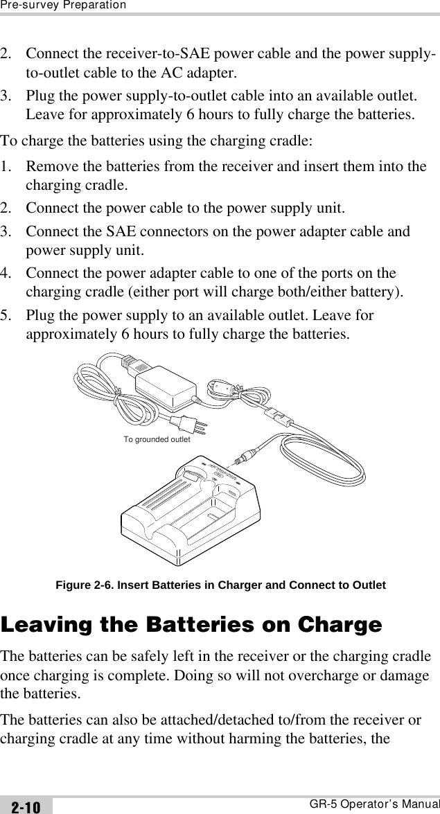 Pre-survey PreparationGR-5 Operator’s Manual2-102. Connect the receiver-to-SAE power cable and the power supply-to-outlet cable to the AC adapter.3. Plug the power supply-to-outlet cable into an available outlet. Leave for approximately 6 hours to fully charge the batteries.To charge the batteries using the charging cradle:1. Remove the batteries from the receiver and insert them into the charging cradle.2. Connect the power cable to the power supply unit.3. Connect the SAE connectors on the power adapter cable and power supply unit.4. Connect the power adapter cable to one of the ports on the charging cradle (either port will charge both/either battery).5. Plug the power supply to an available outlet. Leave for approximately 6 hours to fully charge the batteries. Figure 2-6. Insert Batteries in Charger and Connect to OutletLeaving the Batteries on ChargeThe batteries can be safely left in the receiver or the charging cradle once charging is complete. Doing so will not overcharge or damage the batteries.The batteries can also be attached/detached to/from the receiver or charging cradle at any time without harming the batteries, the To grounded outlet