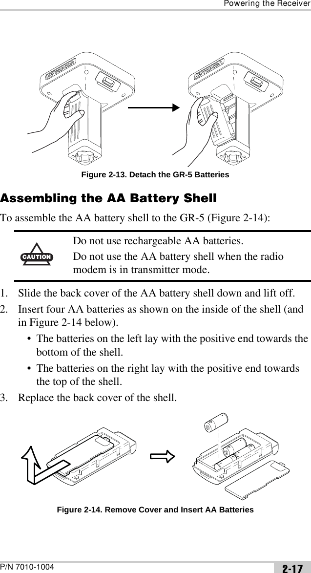 Powering the ReceiverP/N 7010-1004 2-17Figure 2-13. Detach the GR-5 BatteriesAssembling the AA Battery ShellTo assemble the AA battery shell to the GR-5 (Figure 2-14):1. Slide the back cover of the AA battery shell down and lift off.2. Insert four AA batteries as shown on the inside of the shell (and in Figure 2-14 below).• The batteries on the left lay with the positive end towards the bottom of the shell.• The batteries on the right lay with the positive end towards the top of the shell. 3. Replace the back cover of the shell. Figure 2-14. Remove Cover and Insert AA BatteriesCAUTIONDo not use rechargeable AA batteries.Do not use the AA battery shell when the radio modem is in transmitter mode.-          + -          ++          -+          -