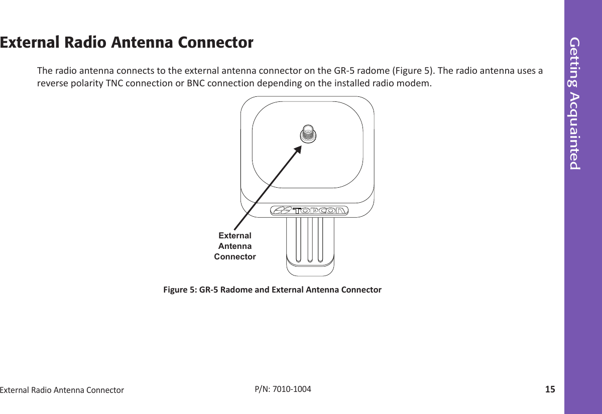 Getting AcquaintedExternalRadioAntennaConnector15P/N:7010Ͳ1004External Radio Antenna ConnectorTheradioantennaconnectstotheexternalantennaconnectorontheGRͲ5radome(Figure 5).TheradioantennausesareversepolarityTNCconnectionorBNCconnectiondependingontheinstalledradiomodem.Figure5:GRͲ5RadomeandExternalAntennaConnectorExternal Antenna Connector