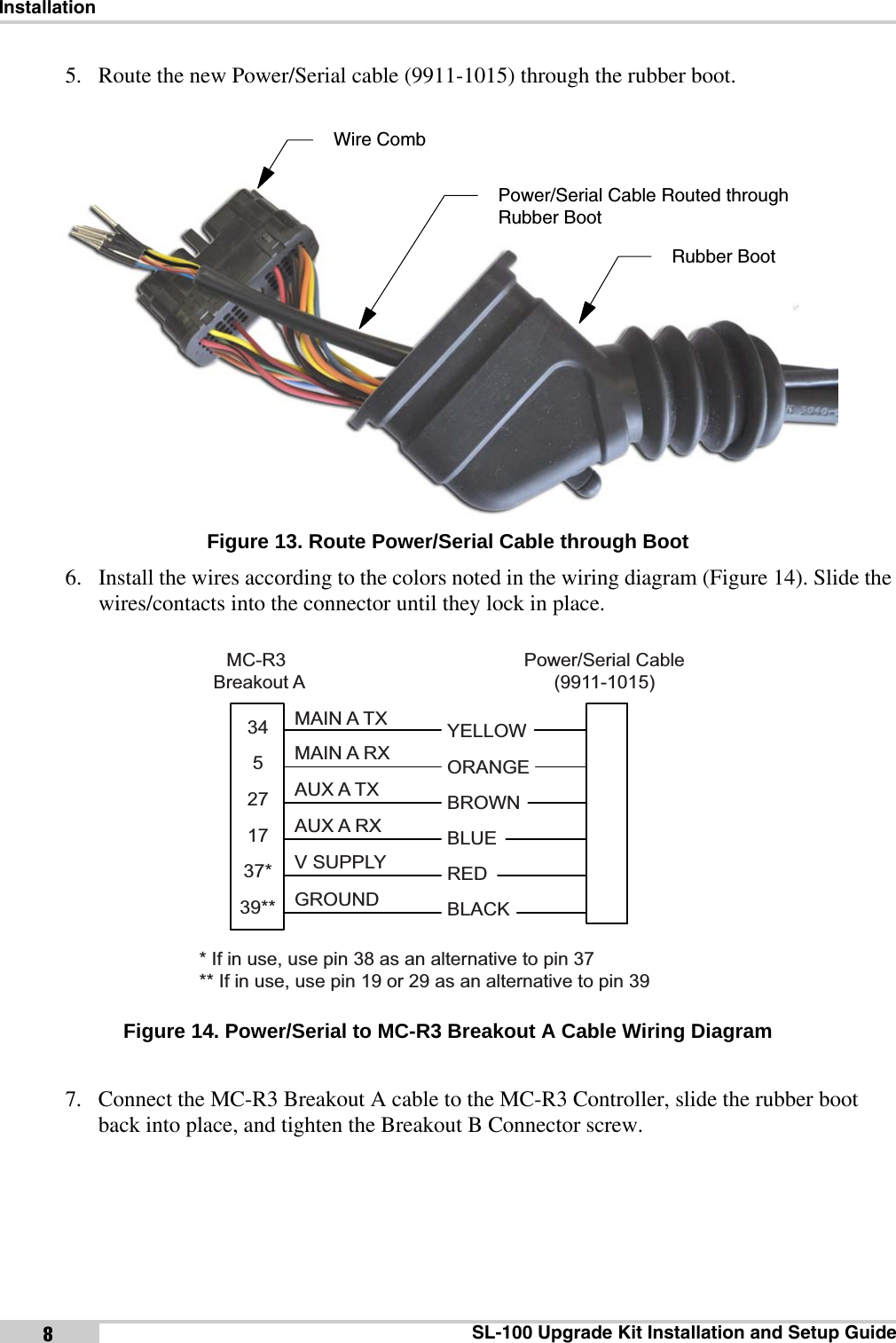 InstallationSL-100 Upgrade Kit Installation and Setup Guide85. Route the new Power/Serial cable (9911-1015) through the rubber boot. Figure 13. Route Power/Serial Cable through Boot6. Install the wires according to the colors noted in the wiring diagram (Figure 14). Slide the wires/contacts into the connector until they lock in place.Figure 14. Power/Serial to MC-R3 Breakout A Cable Wiring Diagram7. Connect the MC-R3 Breakout A cable to the MC-R3 Controller, slide the rubber boot back into place, and tighten the Breakout B Connector screw.Power/Serial Cable Routed through Rubber BootRubber BootWire CombORANGEBROWNYELLOWPower/Serial Cable(9911-1015)BLUEMC-R3 Breakout AMAIN A TXMAIN A RXAUX A TXAUX A RXREDV SUPPLYBLACKGROUND275341737*39*** If in use, use pin 38 as an alternative to pin 37 ** If in use, use pin 19 or 29 as an alternative to pin 39