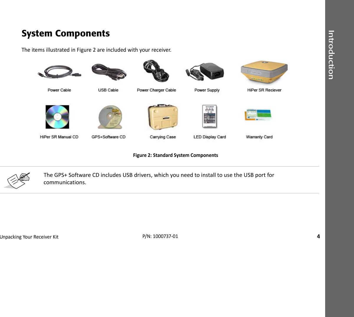 IntroductionUnpackingYourReceiverKit4P/N:1000737‐01System ComponentsTheitemsillustratedinFigure2areincludedwithyourreceiver.Figure2:StandardSystemComponentsTheGPS+SoftwareCDincludesUSBdrivers,whichyouneedtoinstalltousetheUSBportforcommunications.