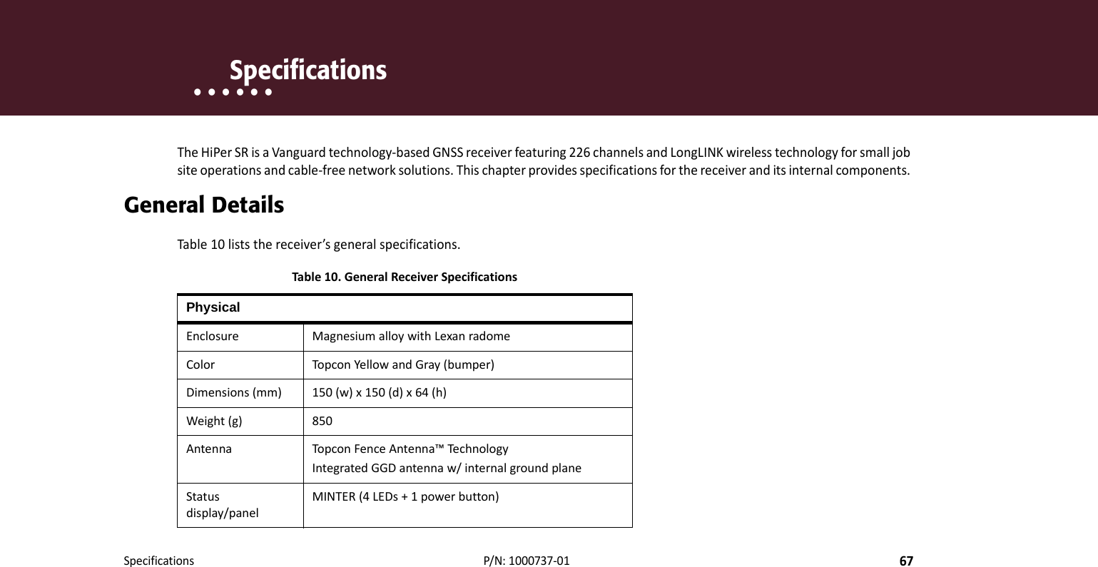 Specifications67P/N:1000737‐01• • • • • •    SpecificationsTheHiPerSRisaVanguardtechnology‐basedGNSSreceiverfeaturing226channelsandLongLINKwirelesstechnologyforsmalljobsiteoperationsandcable‐freenetworksolutions.Thischapterprovidesspecificationsforthereceiveranditsinternalcomponents.General DetailsTable10liststhereceiver’sgeneralspecifications.Table10.GeneralReceiverSpecificationsPhysicalEnclosure MagnesiumalloywithLexanradomeColor TopconYellowandGray(bumper)Dimensions(mm) 150(w)x150(d)x64(h)Weight(g) 850Antenna Topco nFenceAntenna™TechnologyIntegratedGGDantennaw/internalgroundplaneStatusdisplay/panelMINTER(4LEDs+1powerbutton)