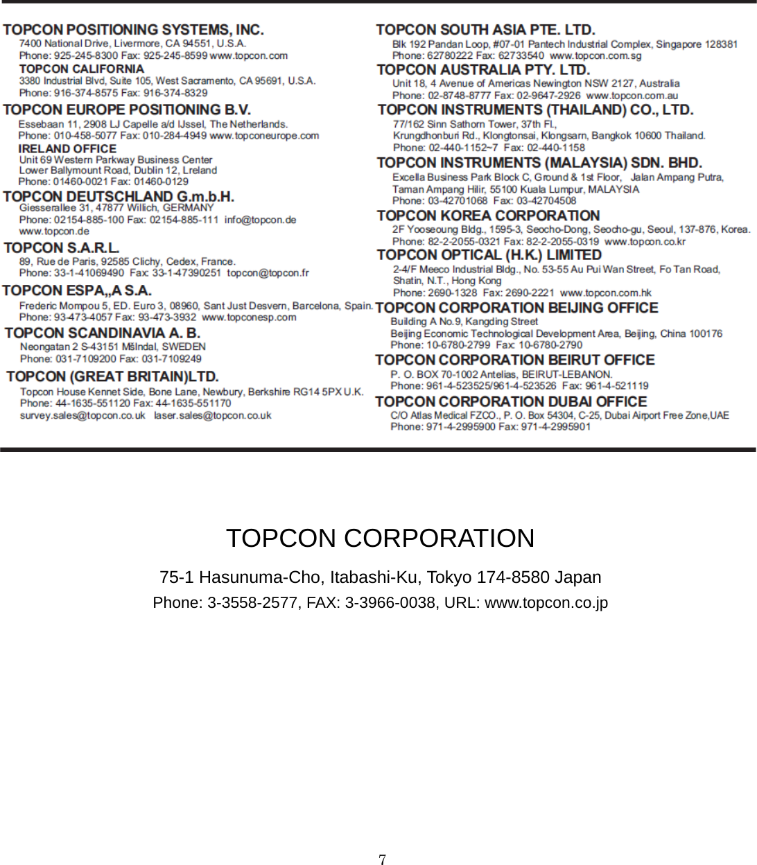   7       TOPCON CORPORATION 75-1 Hasunuma-Cho, Itabashi-Ku, Tokyo 174-8580 Japan Phone: 3-3558-2577, FAX: 3-3966-0038, URL: www.topcon.co.jp 