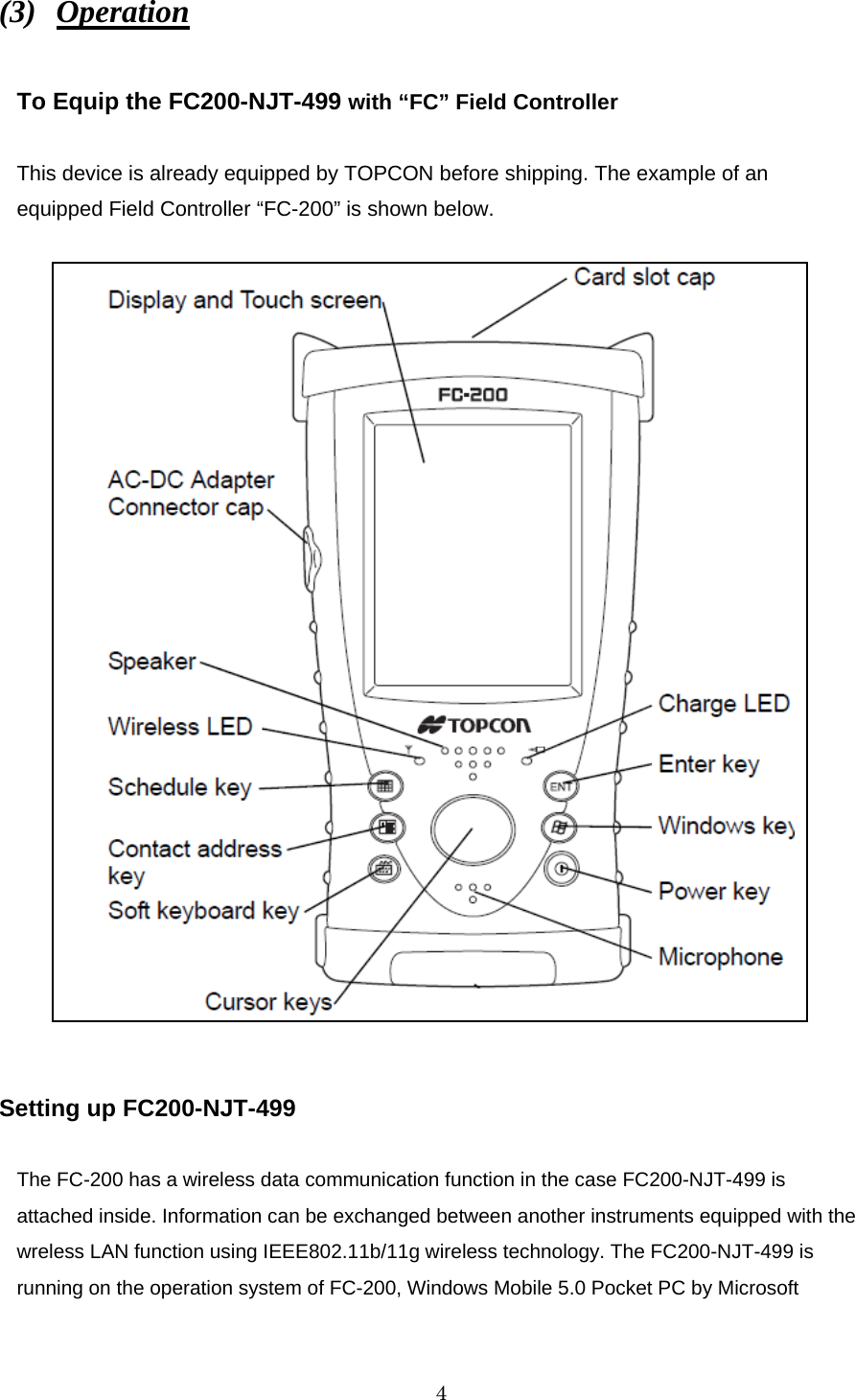   4 (3)  Operation  To Equip the FC200-NJT-499 with “FC” Field Controller  This device is already equipped by TOPCON before shipping. The example of an equipped Field Controller “FC-200” is shown below.                         Setting up FC200-NJT-499  The FC-200 has a wireless data communication function in the case FC200-NJT-499 is attached inside. Information can be exchanged between another instruments equipped with the wreless LAN function using IEEE802.11b/11g wireless technology. The FC200-NJT-499 is running on the operation system of FC-200, Windows Mobile 5.0 Pocket PC by Microsoft 