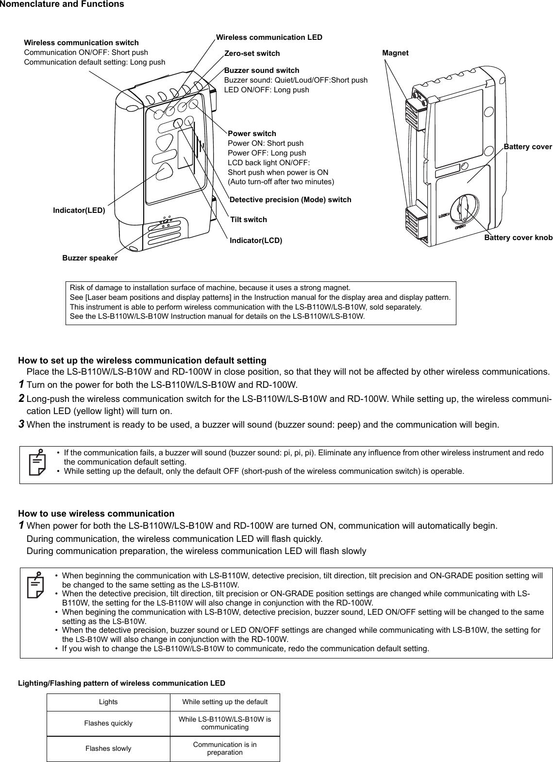 Nomenclature and FunctionsMagnetIndicator(LCD)Power switchPower ON: Short pushPower OFF: Long pushLCD back light ON/OFF: Short push when power is ON(Auto turn-off after two minutes)Detective precision (Mode) switchBuzzer sound switchBuzzer sound: Quiet/Loud/OFF:Short push LED ON/OFF: Long pushIndicator(LED)Buzzer speakerRisk of damage to installation surface of machine, because it uses a strong magnet.See [Laser beam positions and display patterns] in the Instruction manual for the display area and display pattern.This instrument is able to perform wireless communication with the LS-B110W/LS-B10W, sold separately.See the LS-B110W/LS-B10W Instruction manual for details on the LS-B110W/LS-B10W.Wireless communication switchCommunication ON/OFF: Short pushCommunication default setting: Long pushWireless communication LEDTilt switchZero-set switchBattery coverBattery cover knobHow to set up the wireless communication default settingPlace the LS-B110W/LS-B10W and RD-100W in close position, so that they will not be affected by other wireless communications.1Turn on the power for both the LS-B110W/LS-B10W and RD-100W.2Long-push the wireless communication switch for the LS-B110W/LS-B10W and RD-100W. While setting up, the wireless communi-cation LED (yellow light) will turn on.3When the instrument is ready to be used, a buzzer will sound (buzzer sound: peep) and the communication will begin. How to use wireless communication1When power for both the LS-B110W/LS-B10W and RD-100W are turned ON, communication will automatically begin.During communication, the wireless communication LED will flash quickly.During communication preparation, the wireless communication LED will flash slowlyLighting/Flashing pattern of wireless communication LEDLights While setting up the defaultFlashes quickly While LS-B110W/LS-B10W is communicatingFlashes slowly Communication is in preparation• If the communication fails, a buzzer will sound (buzzer sound: pi, pi, pi). Eliminate any influence from other wireless instrument and redo the communication default setting.• While setting up the default, only the default OFF (short-push of the wireless communication switch) is operable.• When beginning the communication with LS-B110W, detective precision, tilt direction, tilt precision and ON-GRADE position setting will be changed to the same setting as the LS-B110W.• When the detective precision, tilt direction, tilt precision or ON-GRADE position settings are changed while communicating with LS-B110W, the setting for the LS-B110W will also change in conjunction with the RD-100W.• When begining the communication with LS-B10W, detective precision, buzzer sound, LED ON/OFF setting will be changed to the same setting as the LS-B10W.• When the detective precision, buzzer sound or LED ON/OFF settings are changed while communicating with LS-B10W, the setting for the LS-B10W will also change in conjunction with the RD-100W.• If you wish to change the LS-B110W/LS-B10W to communicate, redo the communication default setting.