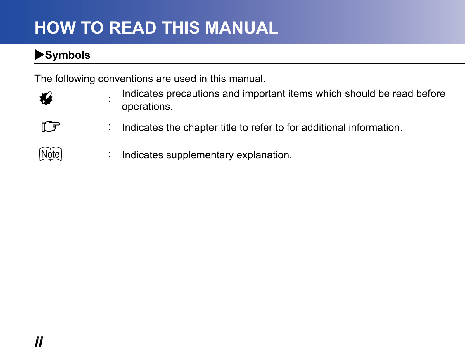 iiHOW TO READ THIS MANUALXSymbolsThe following conventions are used in this manual.G:Indicates precautions and important items which should be read before operations.C:Indicates the chapter title to refer to for additional information.$:Indicates supplementary explanation.