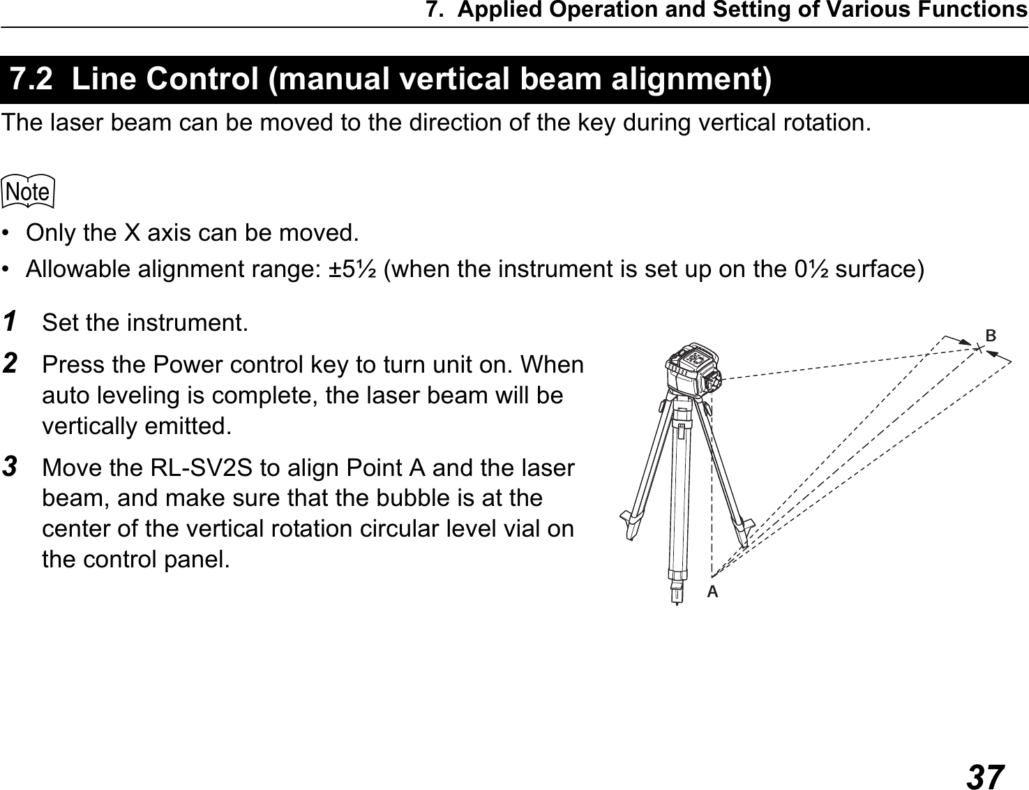 7. Applied Operation and Setting of Various Functions37The laser beam can be moved to the direction of the key during vertical rotation.$• Only the X axis can be moved.• Allowable alignment range: ±5½ (when the instrument is set up on the 0½ surface)1Set the instrument.2Press the Power control key to turn unit on. When auto leveling is complete, the laser beam will be vertically emitted.3Move the RL-SV2S to align Point A and the laser beam, and make sure that the bubble is at the center of the vertical rotation circular level vial on the control panel.7.2  Line Control (manual vertical beam alignment)