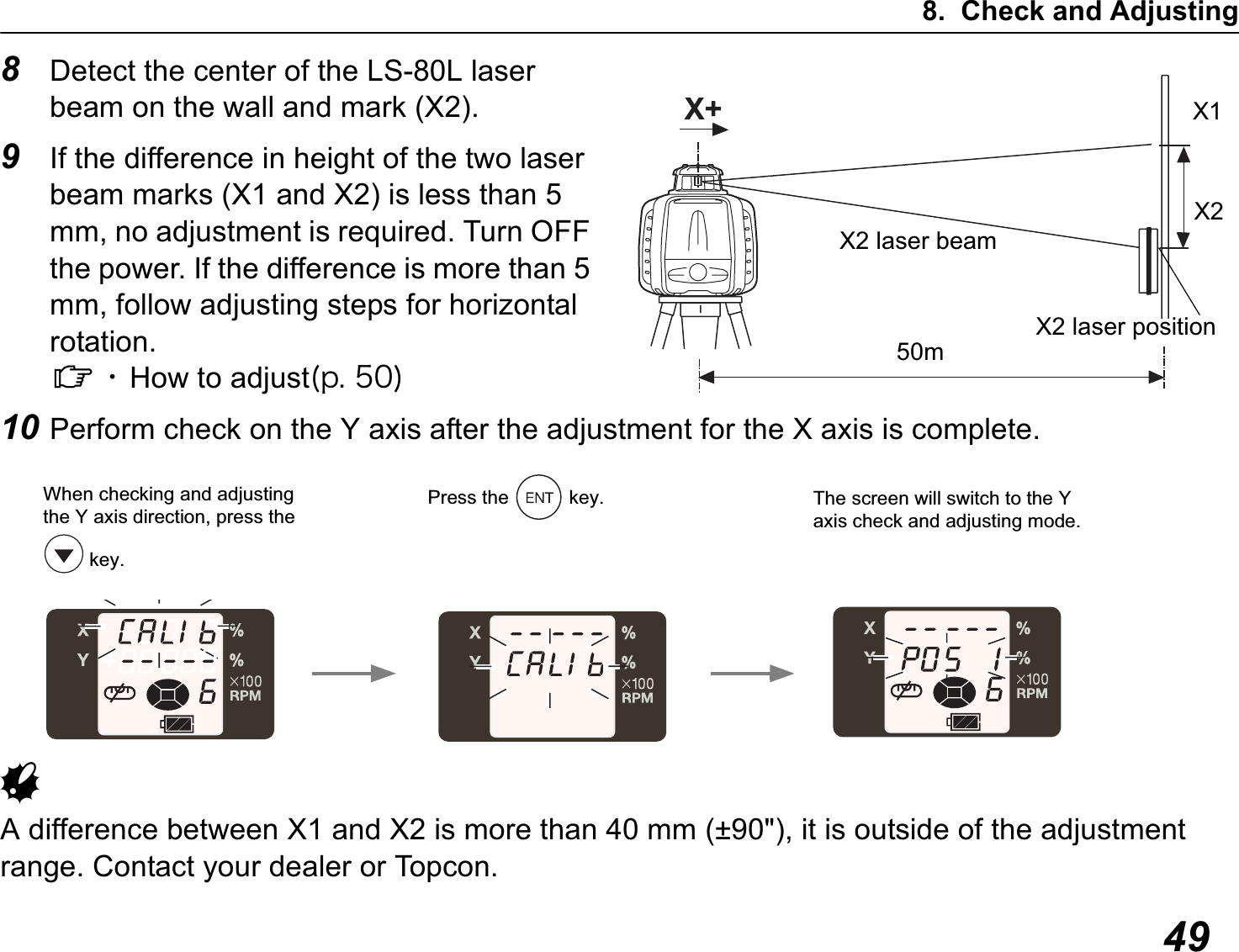 8. Check and Adjusting498Detect the center of the LS-80L laser beam on the wall and mark (X2).9If the difference in height of the two laser beam marks (X1 and X2) is less than 5 mm, no adjustment is required. Turn OFF the power. If the difference is more than 5 mm, follow adjusting steps for horizontal rotation.CeHow to adjust¨ð® µ°©10 Perform check on the Y axis after the adjustment for the X axis is complete.GA difference between X1 and X2 is more than 40 mm (±90&quot;), it is outside of the adjustment range. Contact your dealer or Topcon.50mX1X2X2 laser beamX2 laser positionPress the   key. The screen will switch to the Y axis check and adjusting mode.When checking and adjusting the Y axis direction, press the  key.