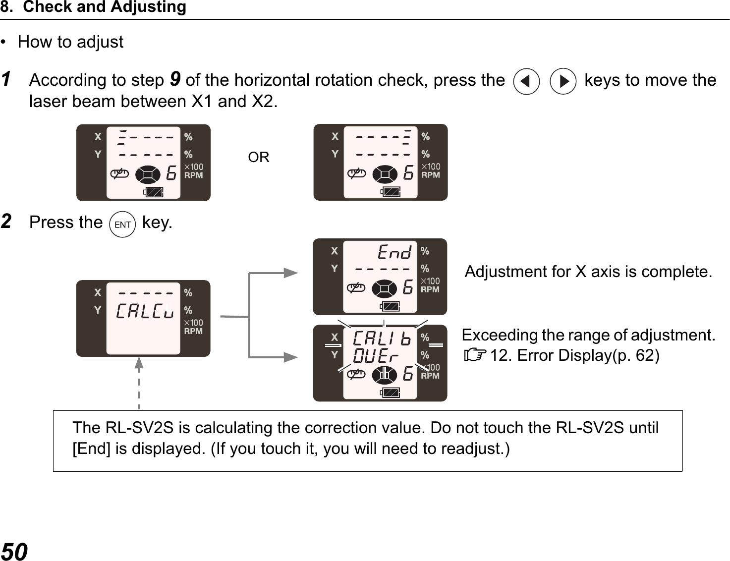 8. Check and Adjusting50• How to adjust1According to step 9 of the horizontal rotation check, press the   keys to move the laser beam between X1 and X2.2Press the   key.ORAdjustment for X axis is complete.Exceeding the range of adjustment. C12. Error Display(p. 62)The RL-SV2S is calculating the correction value. Do not touch the RL-SV2S until [End] is displayed. (If you touch it, you will need to readjust.)