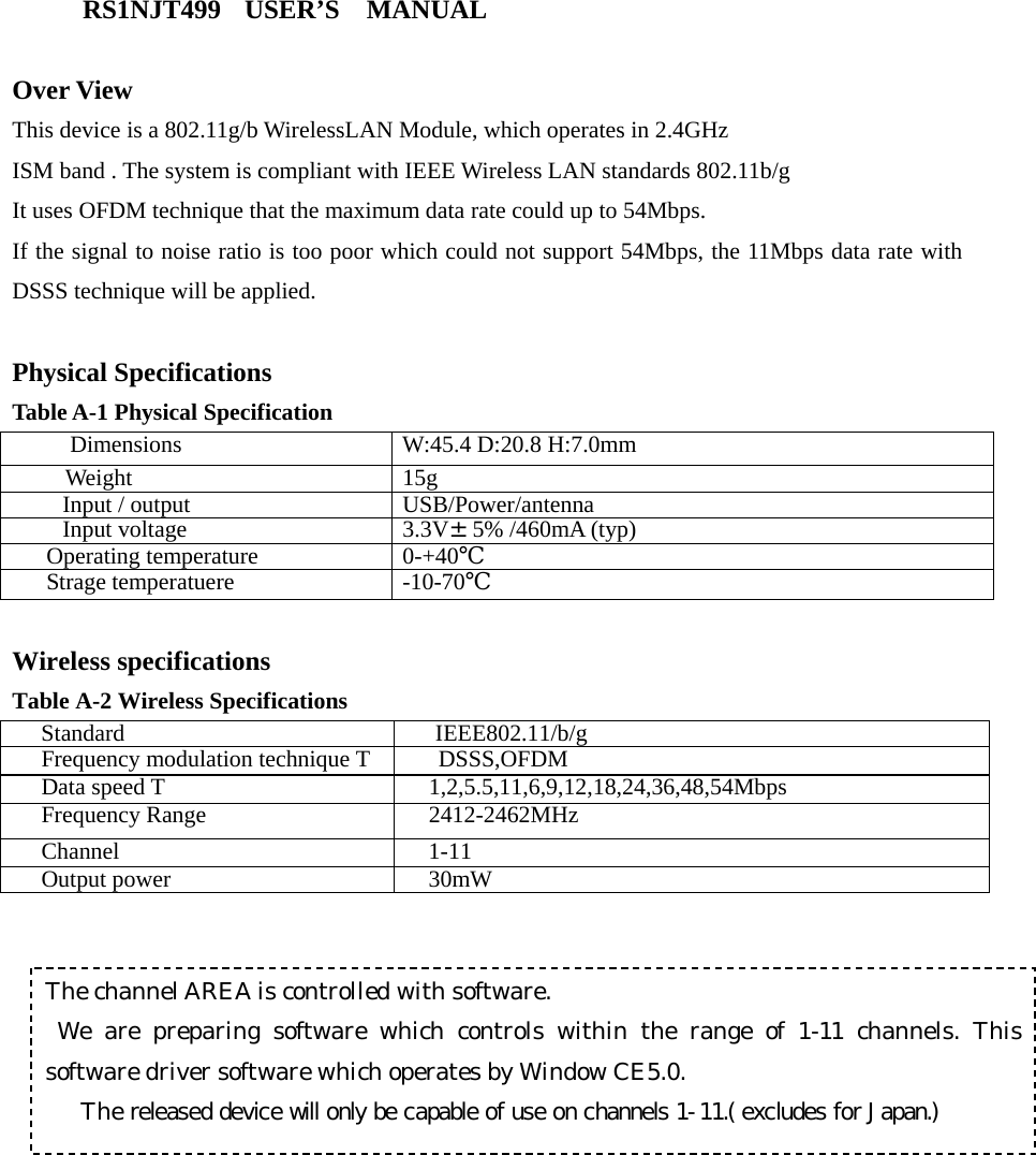       RS1NJT499 USER’S  MANUAL  Over View This device is a 802.11g/b WirelessLAN Module, which operates in 2.4GHz   ISM band . The system is compliant with IEEE Wireless LAN standards 802.11b/g   It uses OFDM technique that the maximum data rate could up to 54Mbps. If the signal to noise ratio is too poor which could not support 54Mbps, the 11Mbps data rate with DSSS technique will be applied.  Physical Specifications Table A-1 Physical Specification  Dimensions  W:45.4 D:20.8 H:7.0mm Weight 15g Input / output  USB/Power/antenna Input voltage  3.3V±5% /460mA (typ) Operating temperature  0-+40℃ Strage temperatuere  -10-70℃  Wireless specifications Table A-2 Wireless Specifications Standard IEEE802.11/b/g Frequency modulation technique T  DSSS,OFDM Data speed T  1,2,5.5,11,6,9,12,18,24,36,48,54Mbps Frequency Range  2412-2462MHz Channel 1-11 Output power  30mW                       The channel AREA is controlled with software. We are preparing software which controls within the range of 1-11 channels. This software driver software which operates by Window CE5.0.      The released device will only be capable of use on channels 1-11.( excludes for Japan.) 