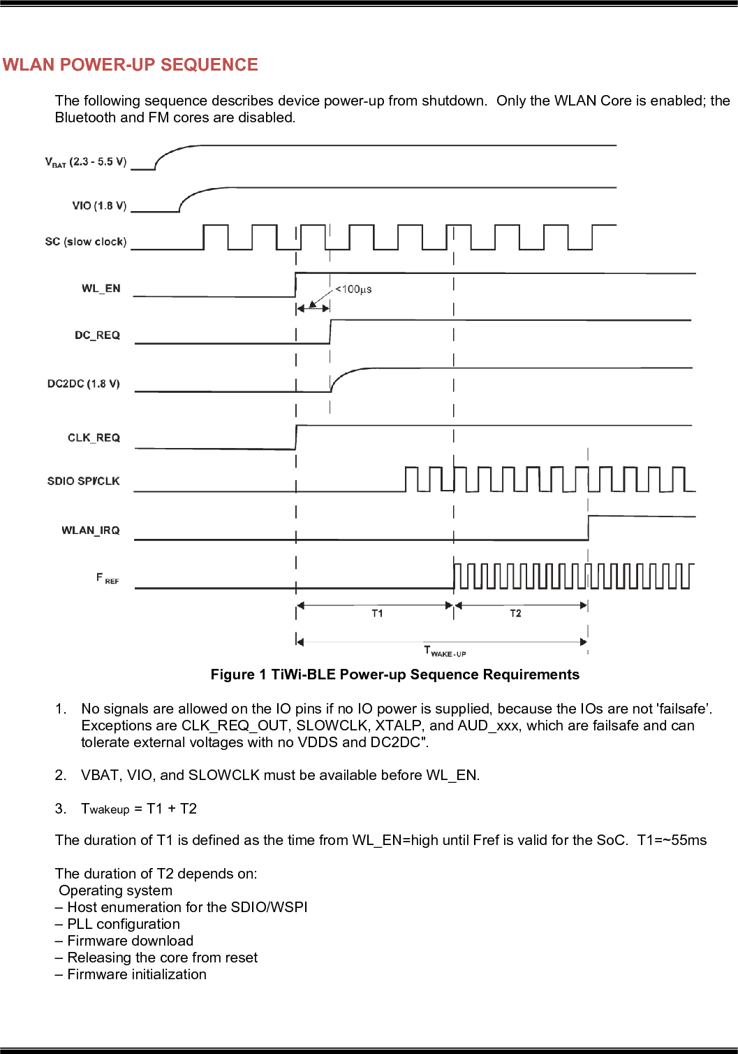   WLAN POWER-UP SEQUENCE The following sequence describes device power-up from shutdown.  Only the WLAN Core is enabled; the Bluetooth and FM cores are disabled.   Figure 1 TiWi-BLE Power-up Sequence Requirements 1.  No signals are allowed on the IO pins if no IO power is supplied, because the IOs are not &apos;failsafe’. Exceptions are CLK_REQ_OUT, SLOWCLK, XTALP, and AUD_xxx, which are failsafe and can tolerate external voltages with no VDDS and DC2DC&quot;.  2.  VBAT, VIO, and SLOWCLK must be available before WL_EN.  3.  Twakeup = T1 + T2 The duration of T1 is defined as the time from WL_EN=high until Fref is valid for the SoC.  T1=~55ms  The duration of T2 depends on:  Operating system – Host enumeration for the SDIO/WSPI – PLL configuration – Firmware download – Releasing the core from reset – Firmware initialization 