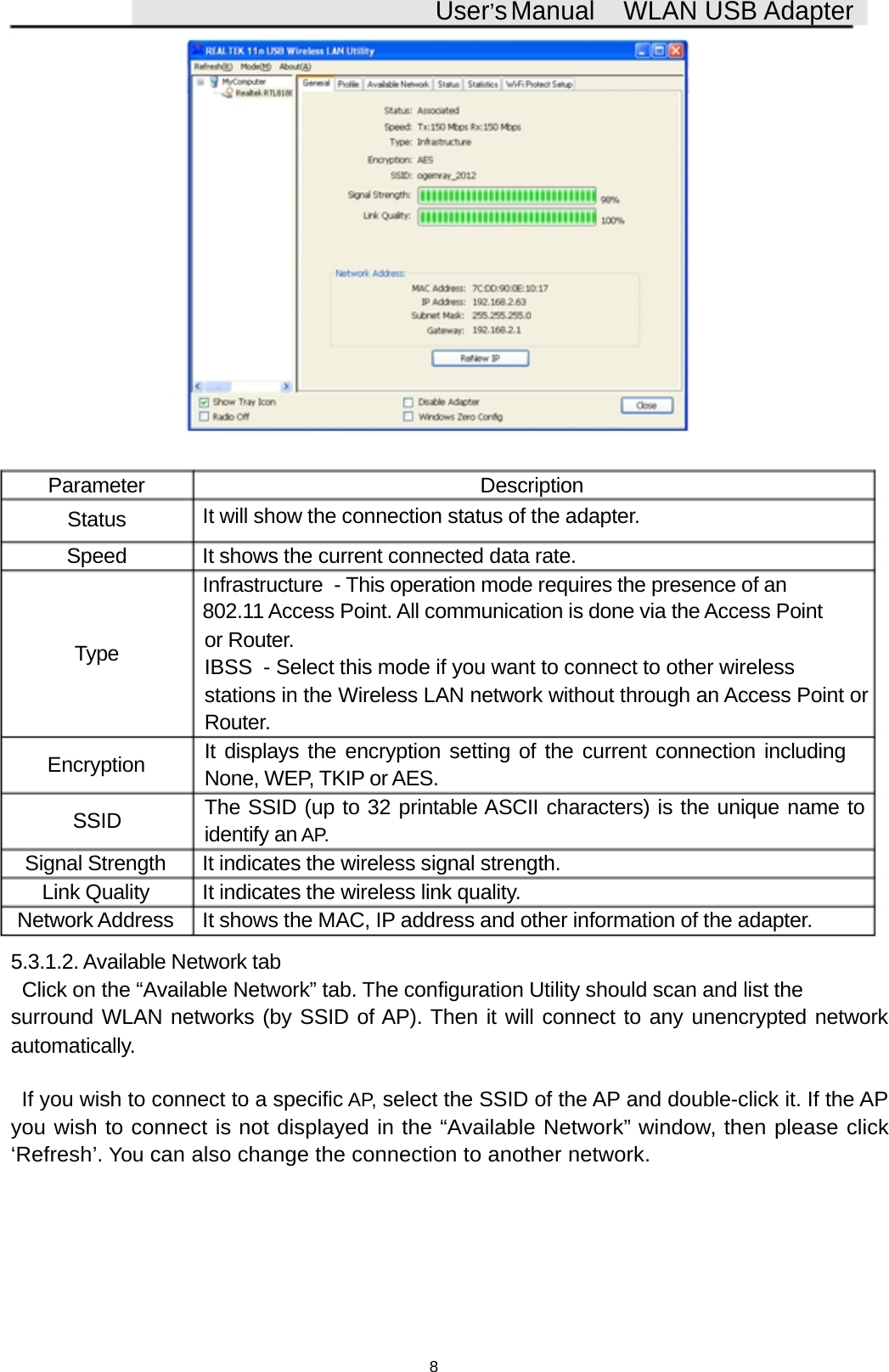 User&rsquo;sManual WLAN USB AdapterParameter DescriptionStatus It will show the connection status of the adapter.Speed It shows the current connected data rate.Infrastructure - This operation mode requires the presence of an802.11 Access Point. All communication is done via the Access PointType or Router.IBSS - Select this mode if you want to connect to other wirelessstations in the Wireless LAN network without through an Access Point orRouter.Encryption It displays the encryption setting of the current connection includingNone, WEP, TKIP or AES.SSID The SSID (up to 32 printable ASCII characters) is the unique name toidentify an AP.Signal Strength It indicates the wireless signal strength.Link Quality It indicates the wireless link quality.Network Address It shows the MAC, IP address and other information of the adapter.5.3.1.2. Available Network tabClick on the &ldquo;Available Network&rdquo; tab. The configuration Utility should scan and list thesurround WLAN networks (by SSID of AP). Then it will connect to any unencrypted networkautomatically.IfyouwishtoconnecttoaspecificAP, select the SSID of the AP and double-click it. If theAPyou wish to connect is not displayed in the &ldquo;Available Network&rdquo; window, then please click&lsquo;Refresh&rsquo;.Youcan also change the connection to another network.8