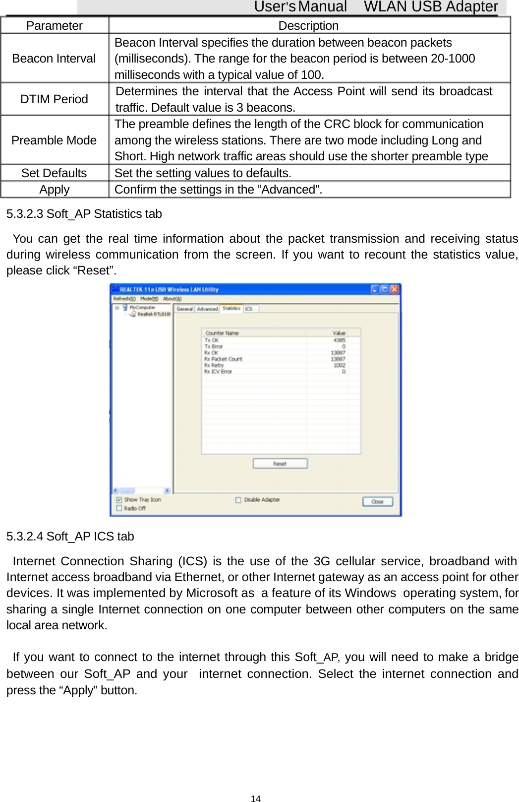 User&rsquo;sManual WLAN USB AdapterParameter DescriptionBeacon Interval specifies the duration between beacon packetsBeacon Interval (milliseconds). The range for the beacon period is between 20-1000milliseconds with a typical value of 100.DTIM Period Determines the interval that the Access Point will send its broadcasttraffic. Default value is 3 beacons.The preamble defines the length of the CRC block for communicationPreamble Mode among the wireless stations. There are two mode including Long andShort. High network traffic areas should use the shorter preamble typeSet Defaults Set the setting values to defaults.Apply Confirm the settings in the &ldquo;Advanced&rdquo;.5.3.2.3 Soft_AP Statistics tabYou can get the real time information about the packet transmission and receiving statusduring wireless communication from the screen. If you want to recount the statistics value,please click &ldquo;Reset&rdquo;.5.3.2.4 Soft_AP ICS tabInternet Connection Sharing (ICS) is the use of the 3G cellular service, broadband withInternet access broadband via Ethernet, or other Internet gateway as an access point forotherdevices. It was implemented by Microsoft as a feature of its Windows operatingsystem, forsharing a single Internet connection on one computer between other computers on the samelocal area network.If you want to connect to the internet through this Soft_AP, you will need to make a bridgebetween our Soft_AP and your internet connection. Select the internet connection andpress the &ldquo;Apply&rdquo; button.14