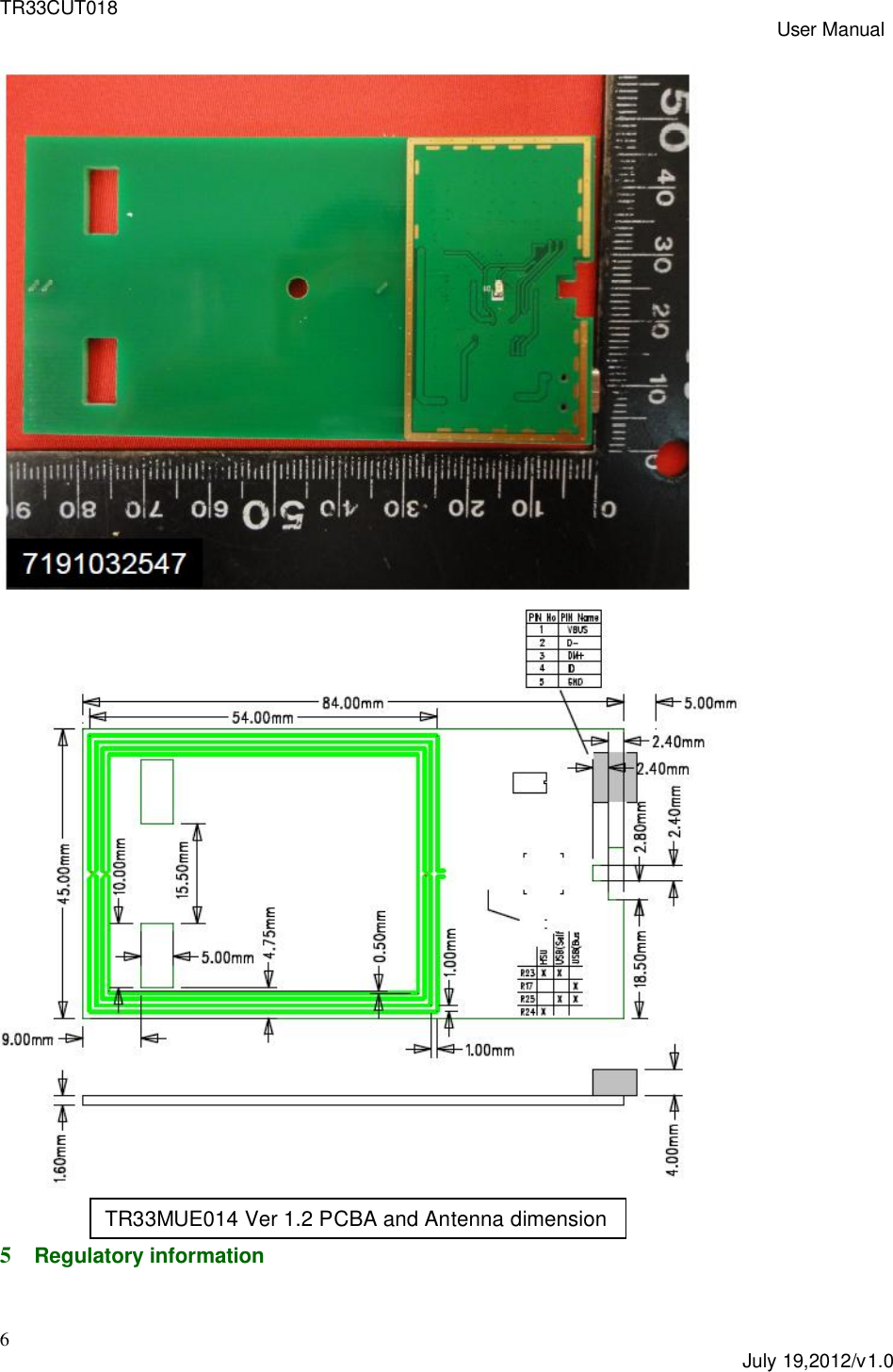 TR33CUT018 User Manual6July 19,2012/v1.05Regulatory informationTR33MUE014 Ver 1.2 PCBA and Antenna dimension