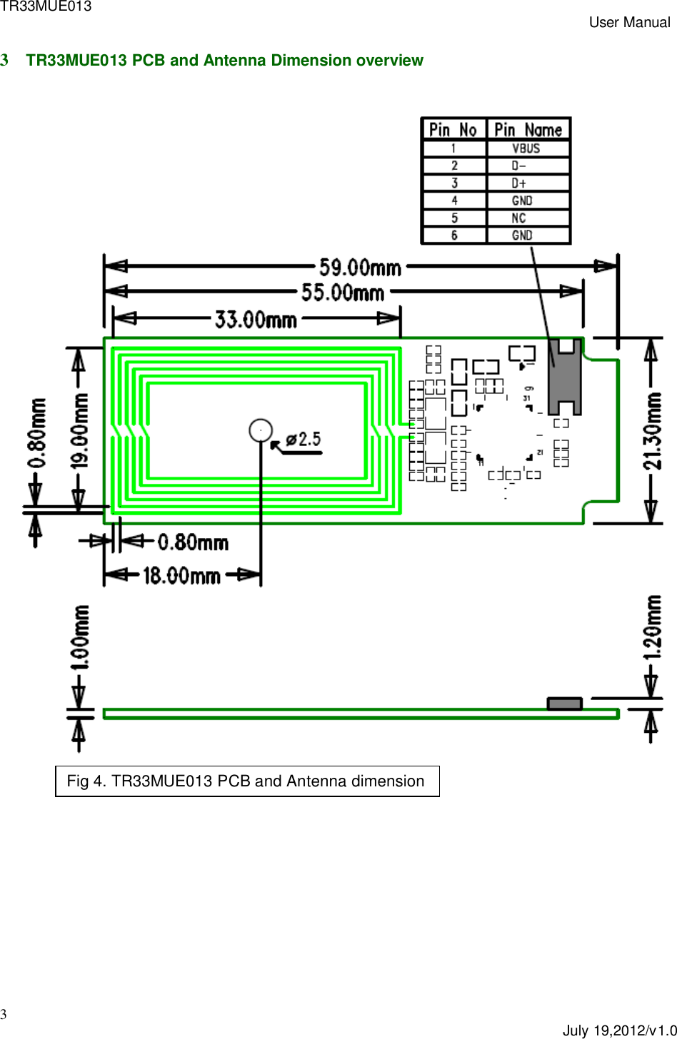 TR33MUE013 User Manual3July 19,2012/v1.03TR33MUE013 PCB and Antenna Dimension overviewFig 4. TR33MUE013 PCB and Antenna dimension