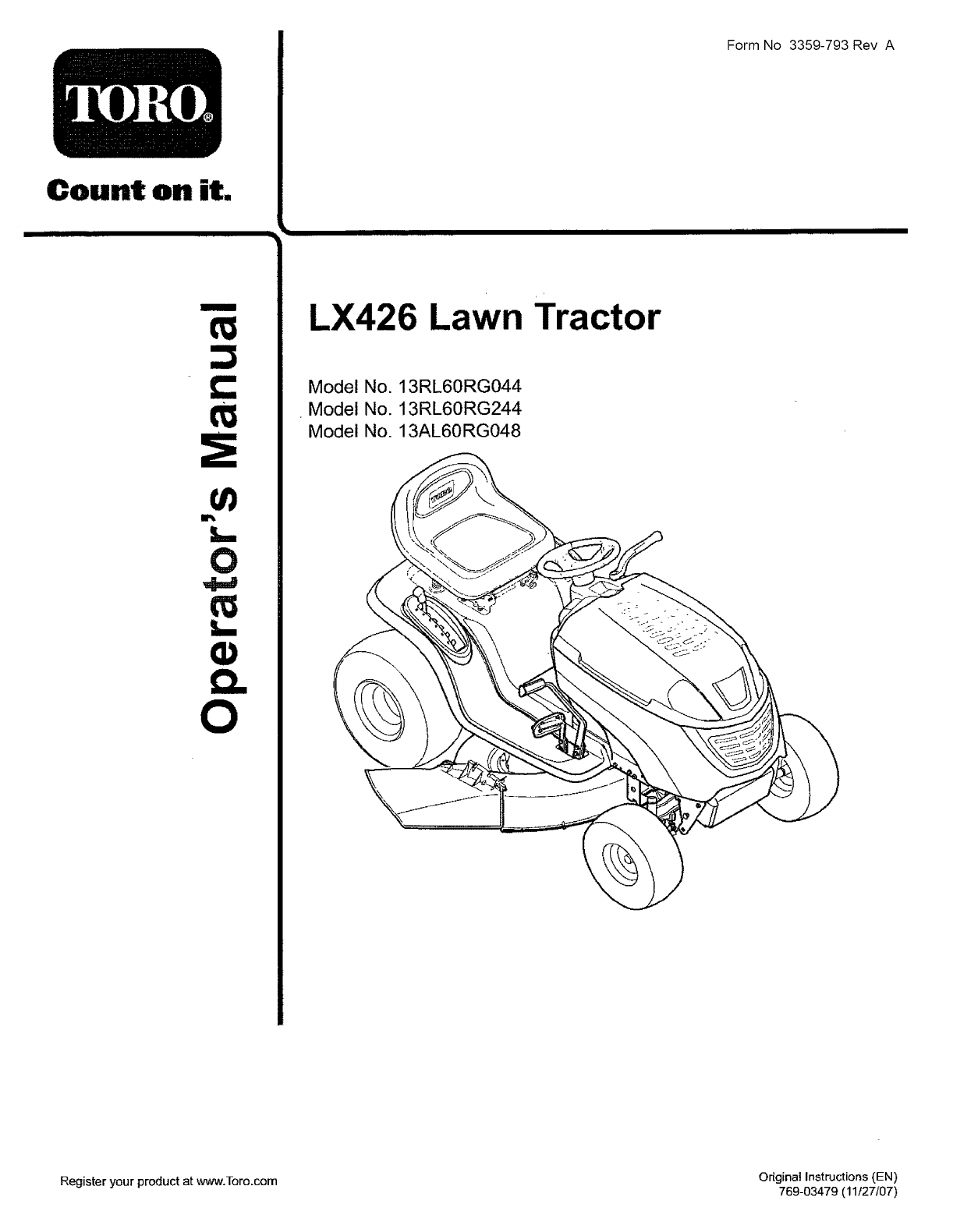Toro 13AL60RG044 (1L107H10100 AND UP) User Manual LAWN TRACTOR Manuals