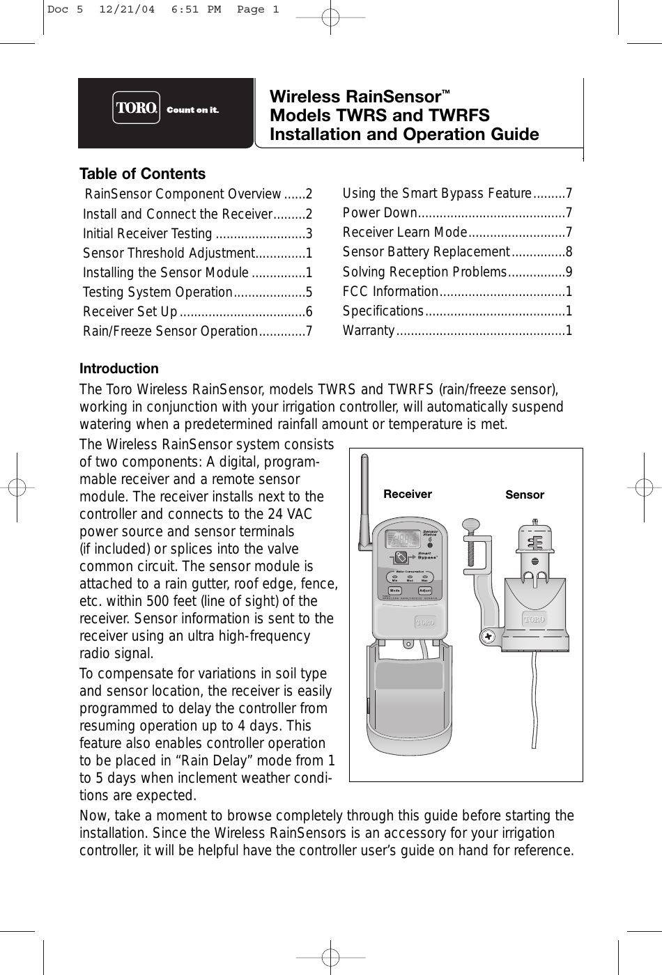 Toro TWRS Toro Systems Wireless Rain Sensor User Manual Doc 5