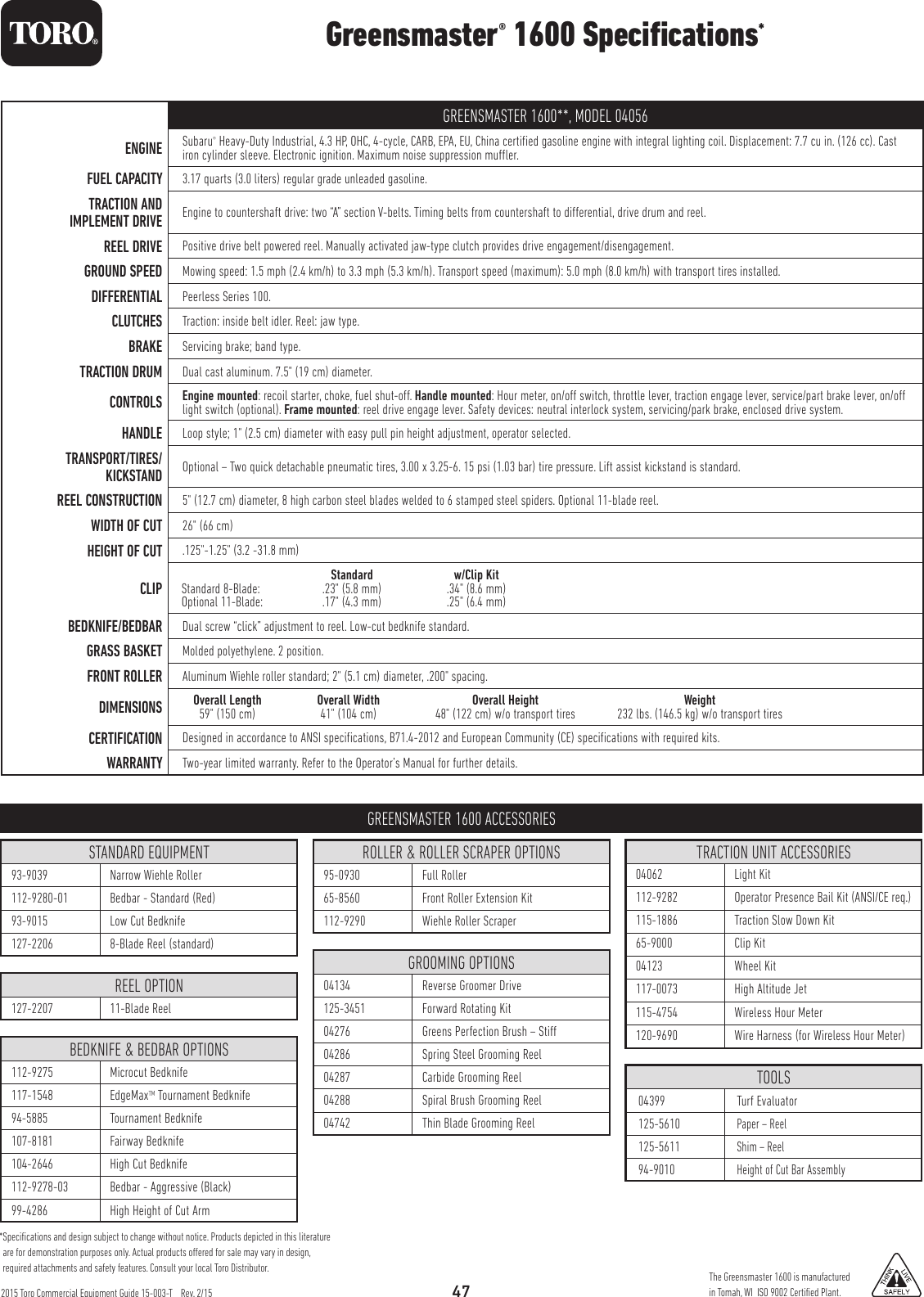 Page 2 of 2 - Toro Toro-Greensmaster-1600-Specifications-  Toro-greensmaster-1600-specifications