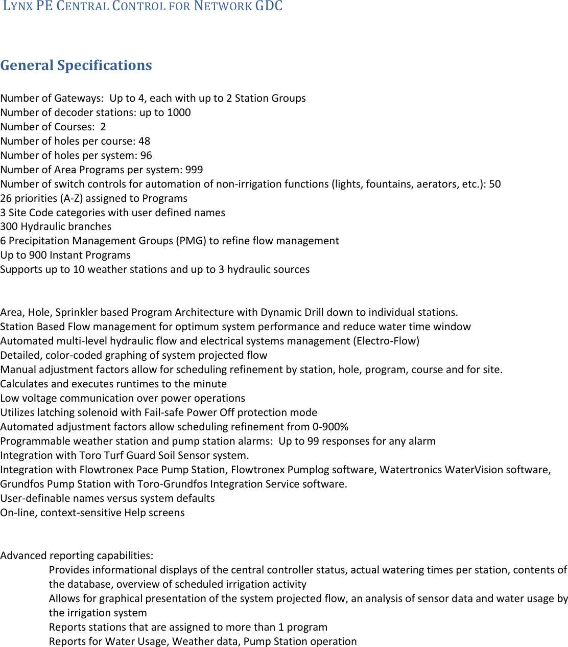 Page 1 of 5 - Toro Toro-Lynx-Central-Control-Pe-2-0-Gdc-Specifications- LYNX “CENTRAL FOR VP”  Toro-lynx-central-control-pe-2-0-gdc-specifications