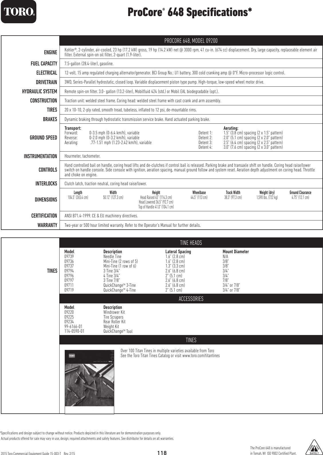 Page 2 of 2 - Toro Toro-Procore-648-09200-Specifications-  Toro-procore-648-09200-specifications